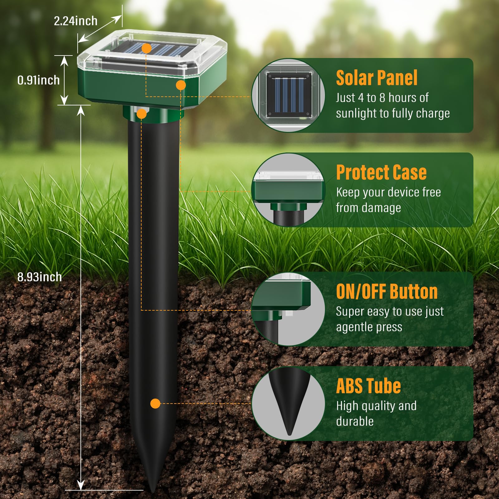 Repelente de topos alimentado por energía solar, 10 paquetes de repelente ultrasónico para exteriores, repelente impermeable para césped y jardín, disuasorio humano para topos, marmotas, ardillas y