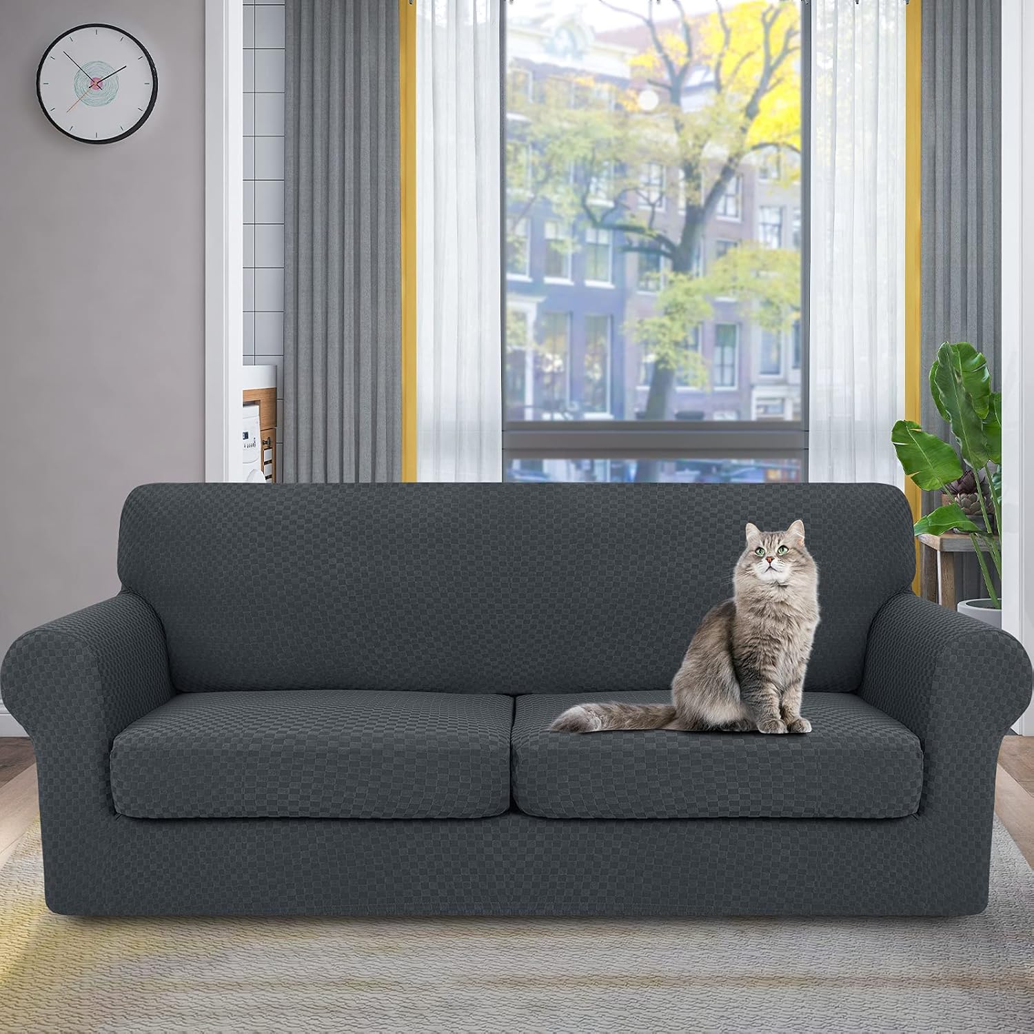 3pc Couch Covers for 2XL Cushion Couch + 4pc Recliner Chair Covers (Dark Gray)