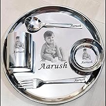 Deep Print Mart Customized Stainless Steel Thali with Name & Photo Engraving | Ideal Birthday Gift for Boys & Girls | Custom Round Thali Plate Set for Kids