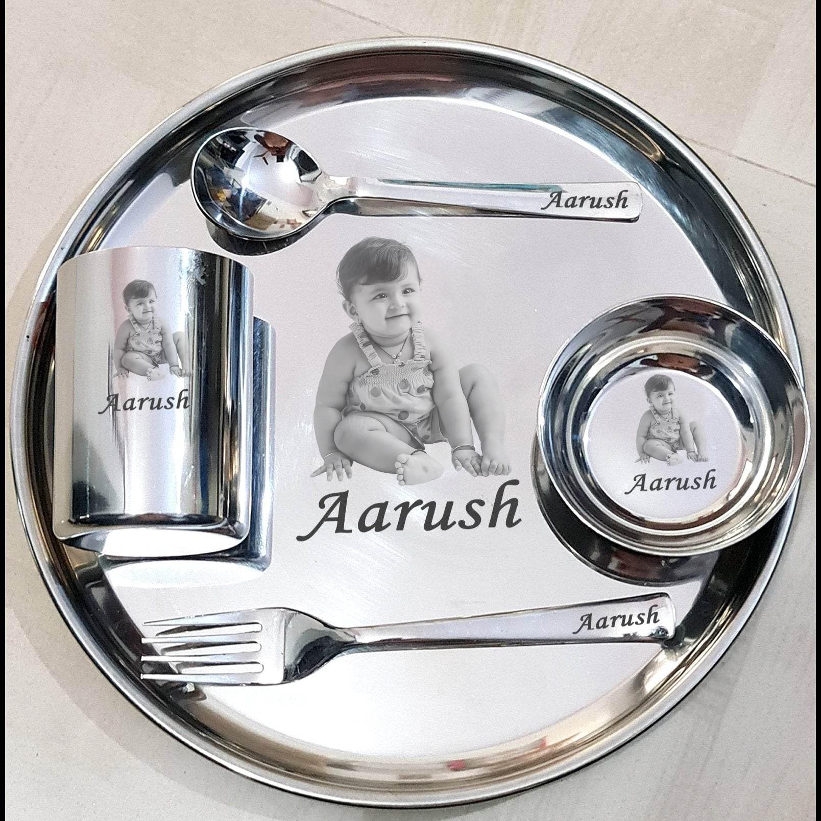 Deep Print Mart Customized Stainless Steel Thali with Name & Photo Engraving | Ideal Birthday Gift for Boys & Girls | Custom Round Thali Plate Set for Kids-image-45