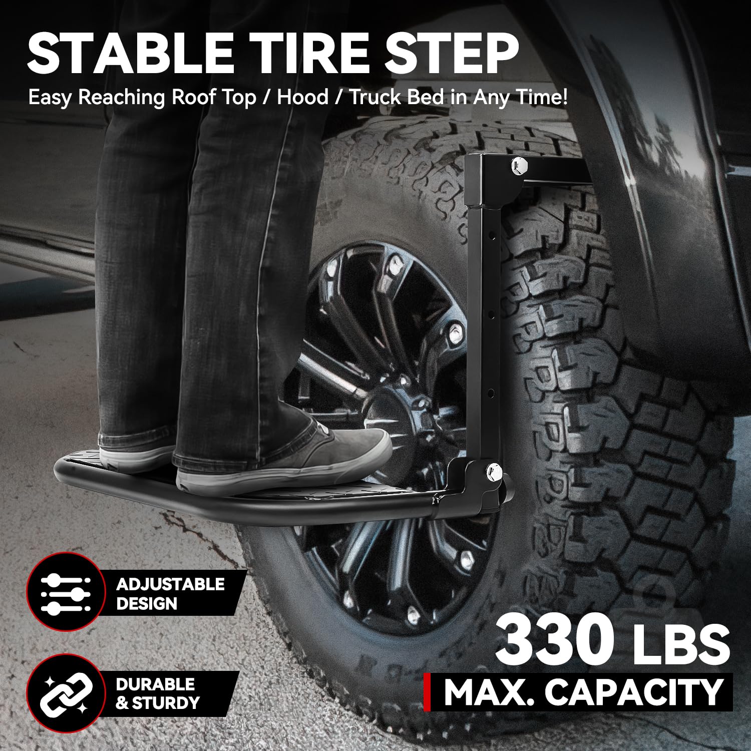 Auto Dynasty Adjustable Folding Mounted Step Heavy Duty Fit Most Tire 9'' to 13'' Max Capacity 330 lbs Compatible with Car Pickup Truck SUV RVs, Black