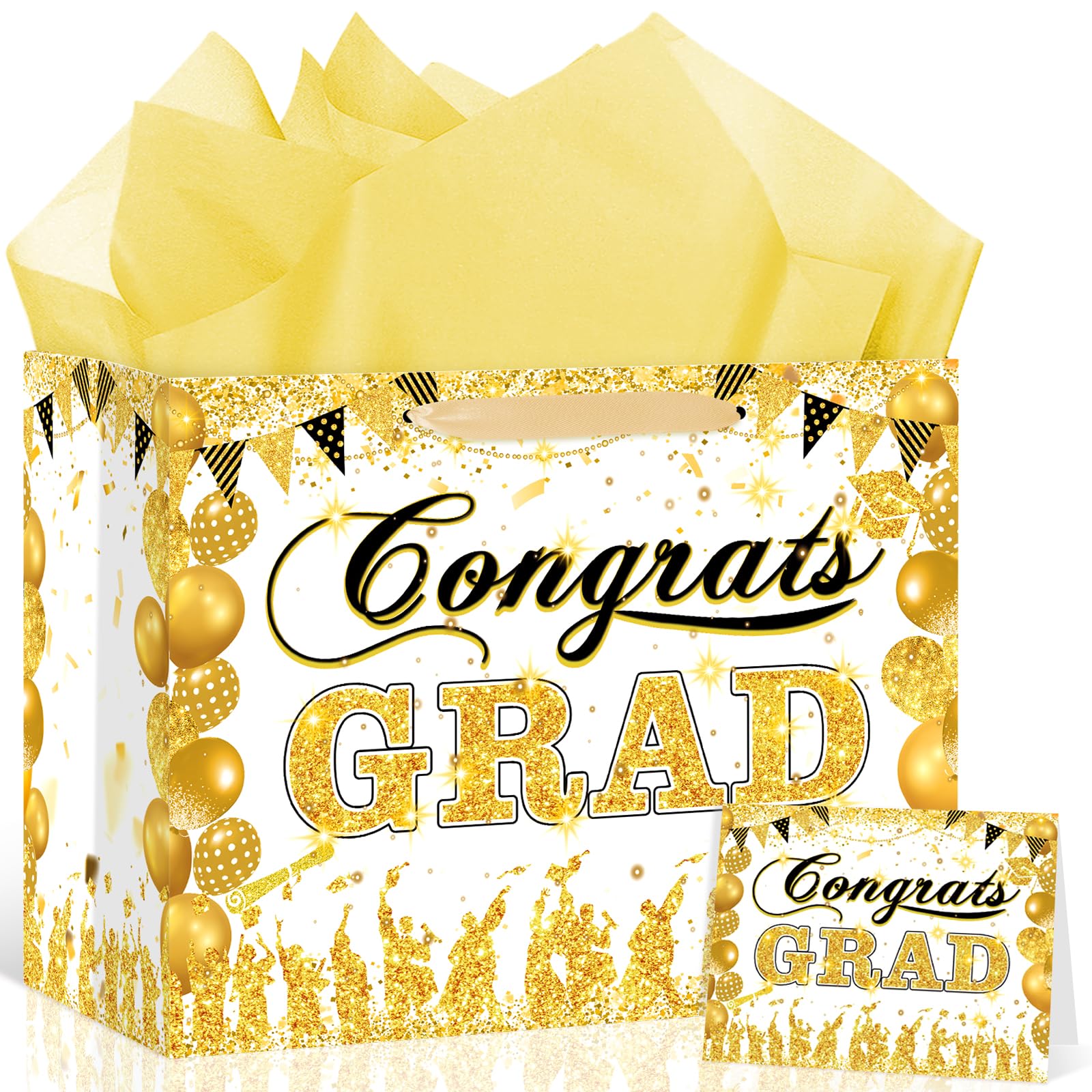 White Gold Graduation Gift Bag 2025 Graduation Party Supplies Congrats Grad Gift Bag with Wrapping Paper and Card Class of 2025 Wrapping Paper Bag