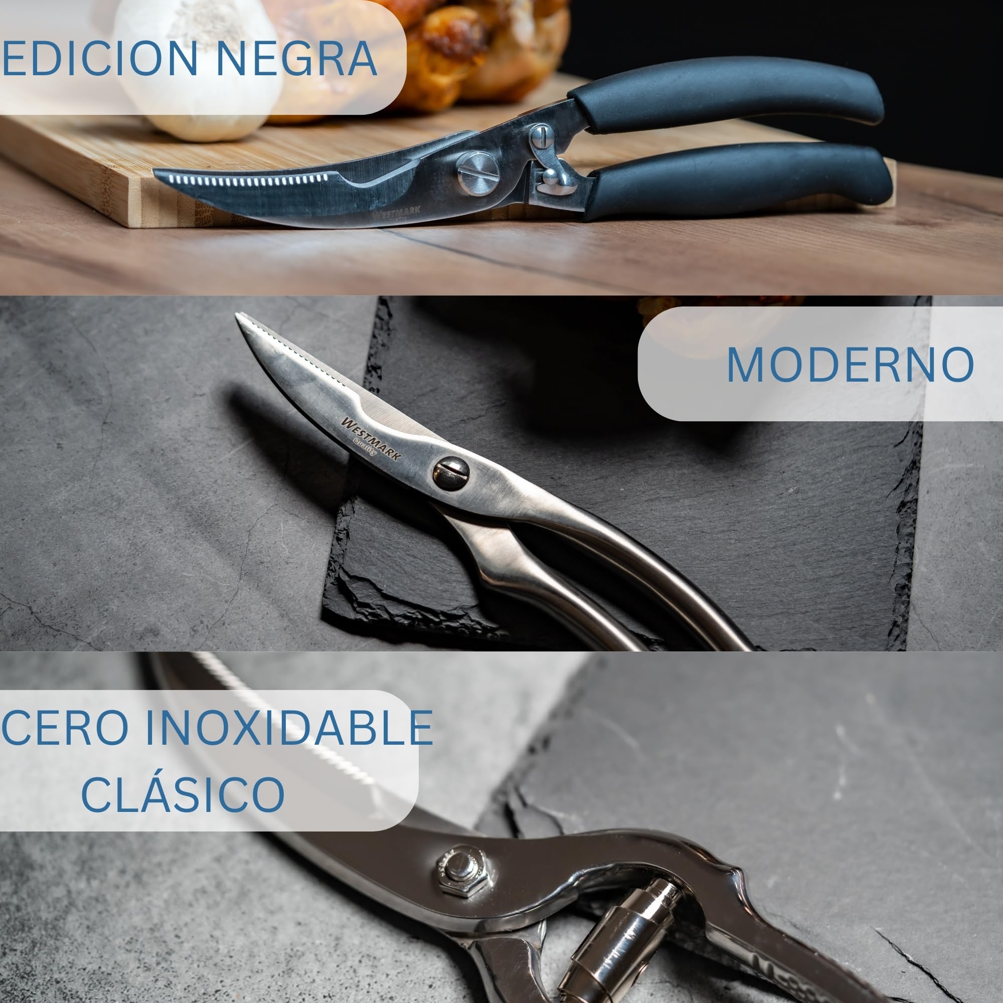 Westmark Set de Acero Inoxidable para Aves, 1x Tijeras para Aves, 1 x exprimidor para Asar & Hilo de Cocina 60m, para Catering o en casa (Negro/ 3 Piezas)