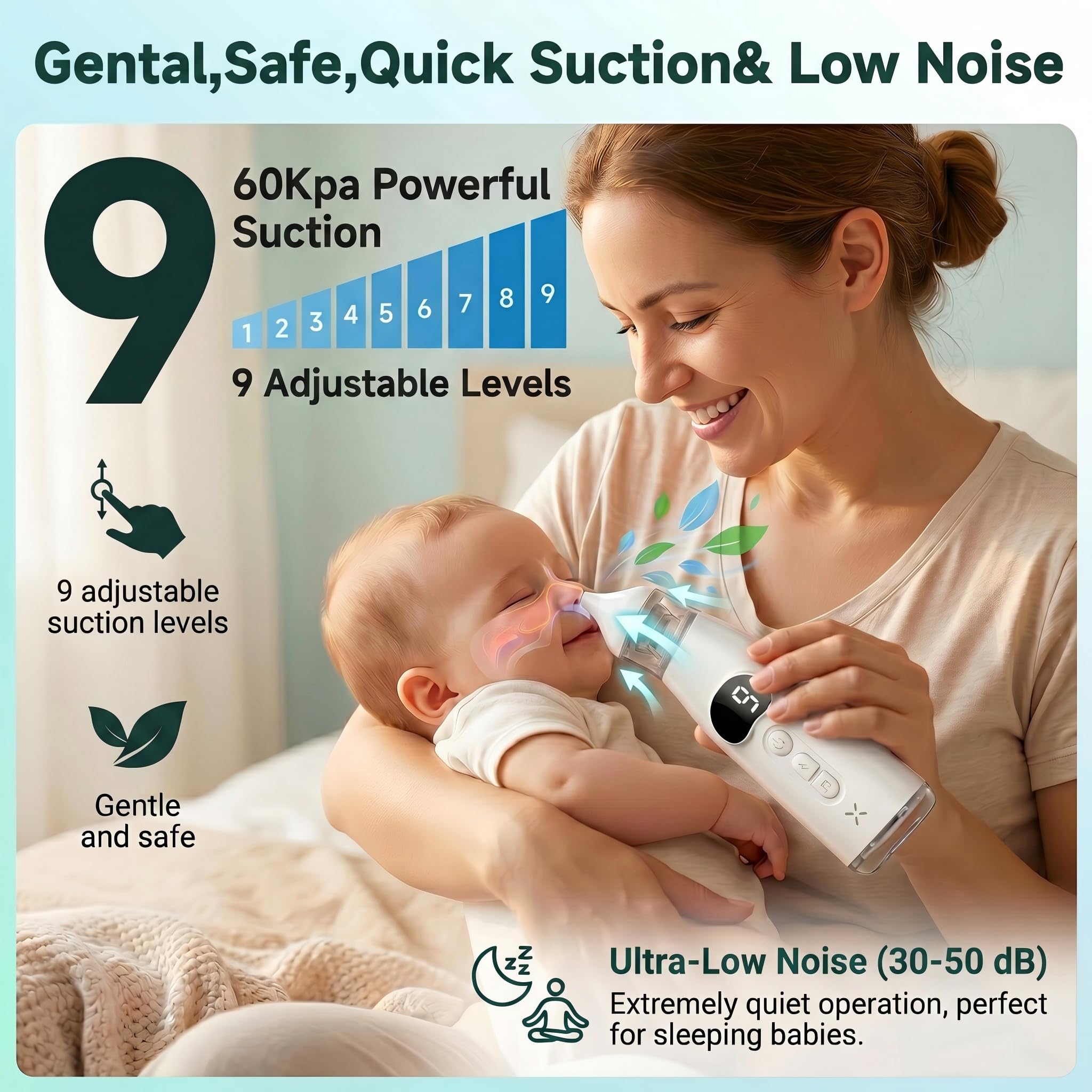 Mouche Bébé Électrique, Aspirateur Nasal Bébé 60Kpa avec Écran LCD, 9 Niveaux d'Aspiration, Mouche-Bébé Rechargeable USB-C, Silencieux (<60dB), Anti-reflux– Pour Nouveau-nés Bébés Enfants