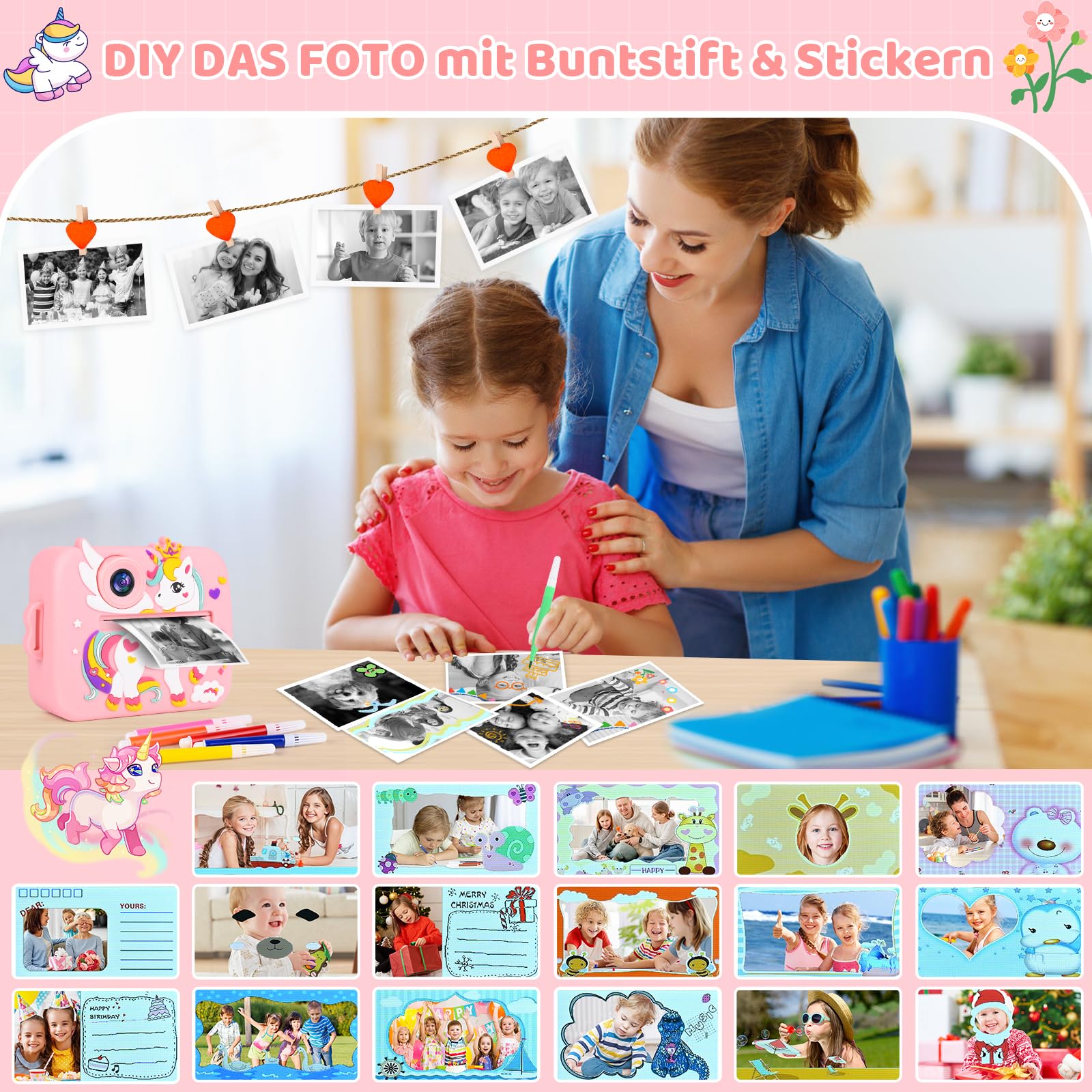 GuKKK 1080p aparat dziecięcy, aparat cyfrowy z ekranem 2,4", dla dzieci, z kartą 32 GB, 13 rolek papieru do drukowania, 5 kolorowych długopisów, prezent (różowy)
