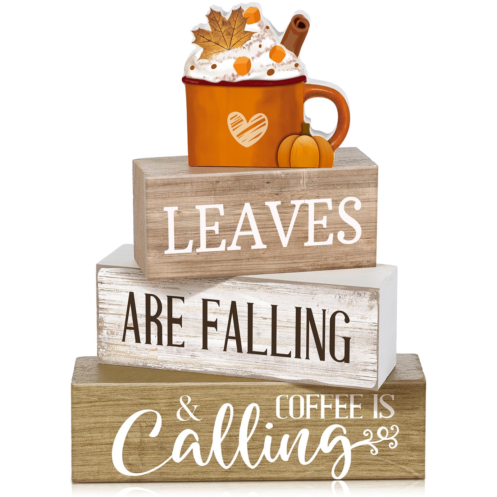 Lineshading 4 Pcs Fall Coffee Table Decor Wooden Pumpkin Latte Block Signs