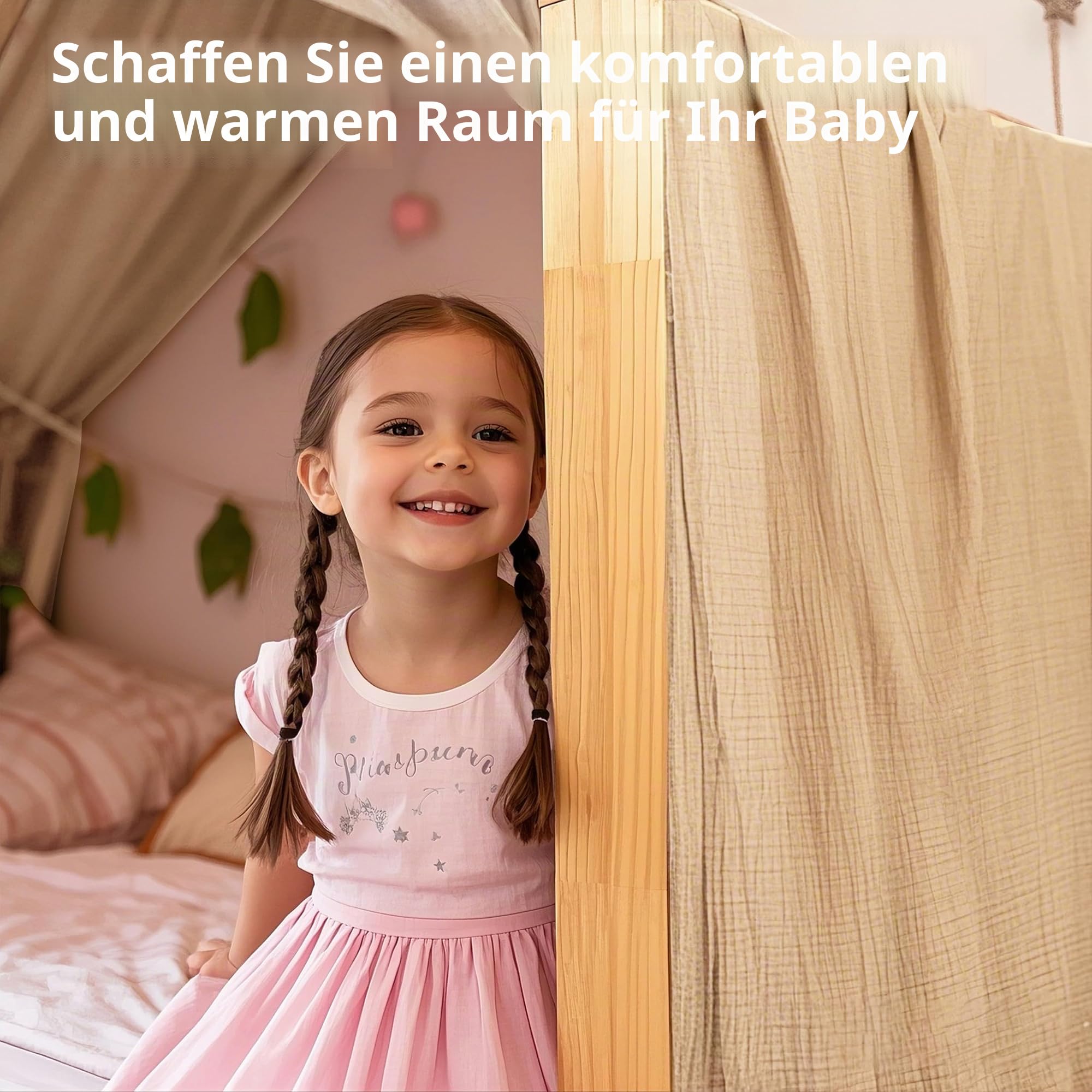 Home Bettbezug mit Goldener Applikation, handgefertigt aus 100% Baumwoll-Musselin, Stoffhimmel für die Hausbett-Dekoration, geeignet für Mädchen und Jungen (Altrosa, 132 x 360 cm)