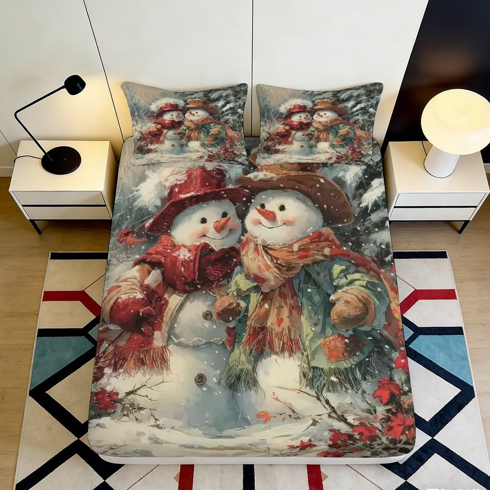 Uynsixtme Style-8 3D Printed Snowman Fitted Sheet Microfiber Deep Pocket Non-Slip Bedroom Bedding Snowman Mattress Fitted Cover Washable For All Ages 200X200x25cm