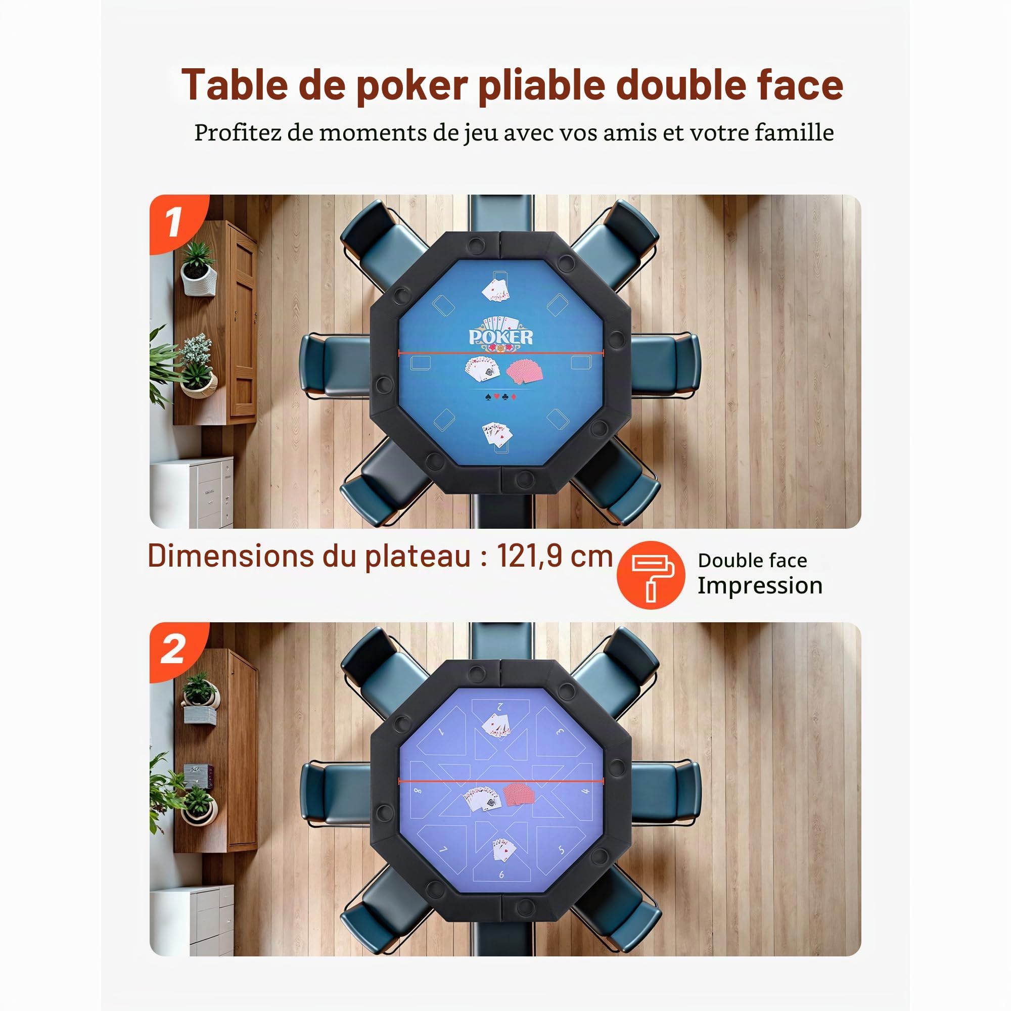 VEVOR Table de Poker Pliable 132,5 cm pour 8 Joueurs, Table de Casino Octogonale pour Blackjack et Texas Holdem, avec Rails Rembourrés et Porte-Gobelets, pour Jeu de Cartes Jeu de Société, Maison