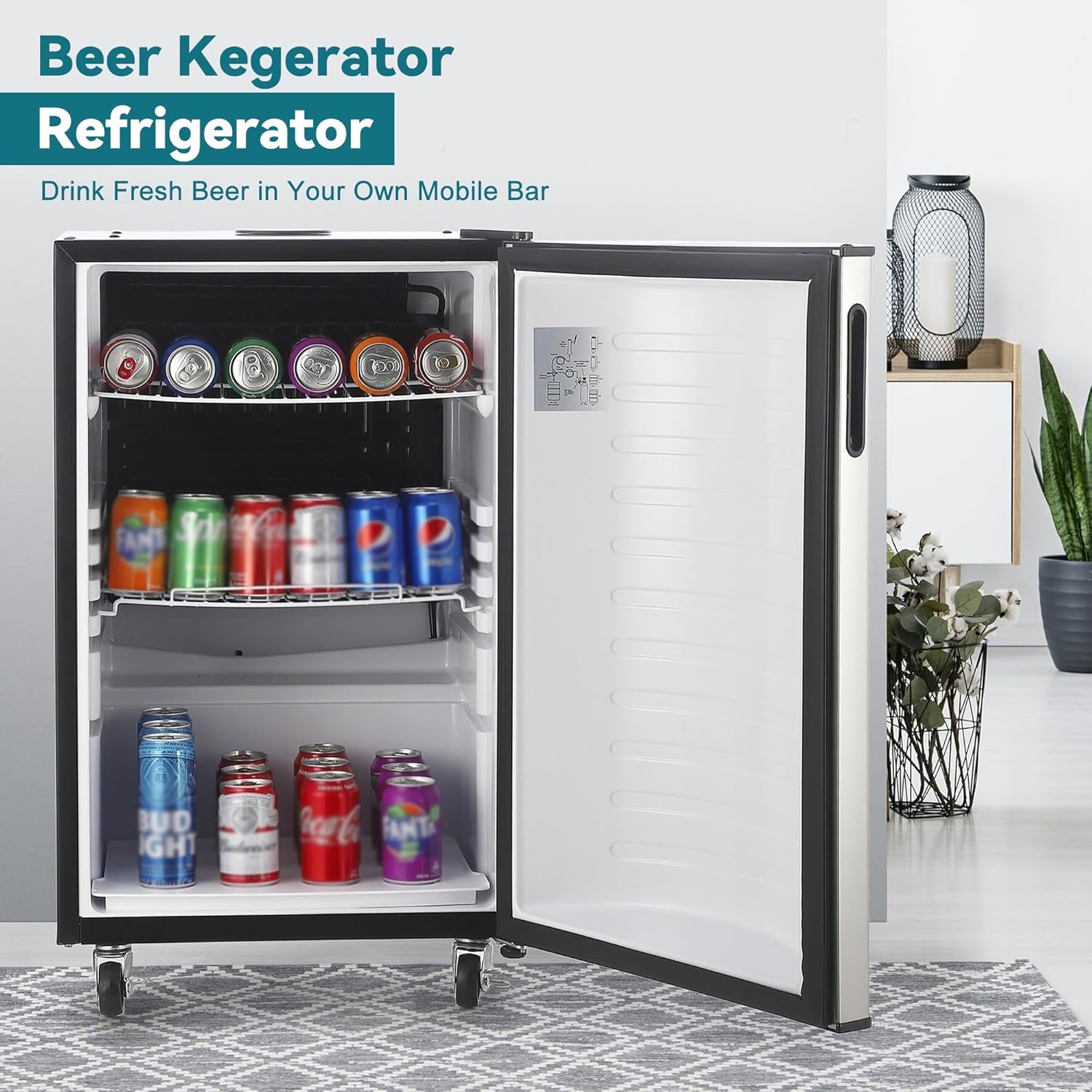 Full Size Stainless Steel Beer Kegerator 128L Draft Beer Dispenser With Drip Tray Fits 1/2, 1/4 Pony & 1/6 Kegs Adjustable Temp 32°F-50°F