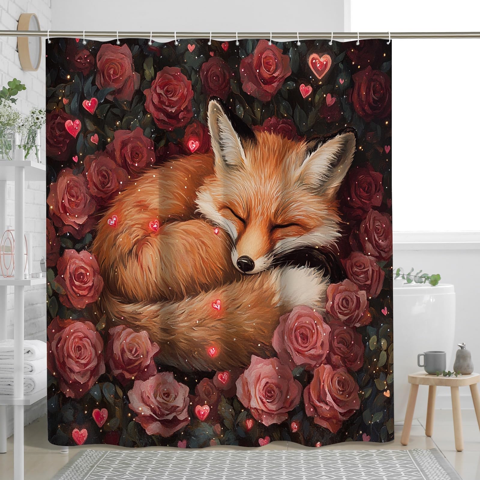 Rideau de douche romantique renards, cadeau déco original 157 x 183 cm