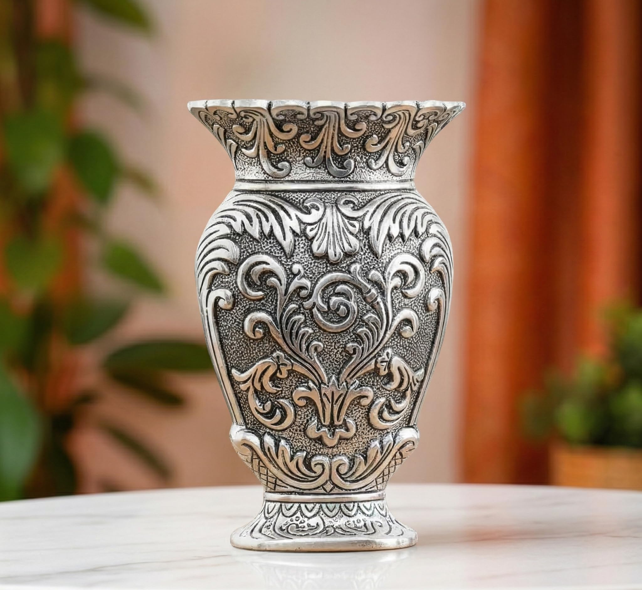 Decorative Metal Vase, Antique Silver oxidised Finish, Baroque Floral Pattern, Traditional Ornate Design-image-49