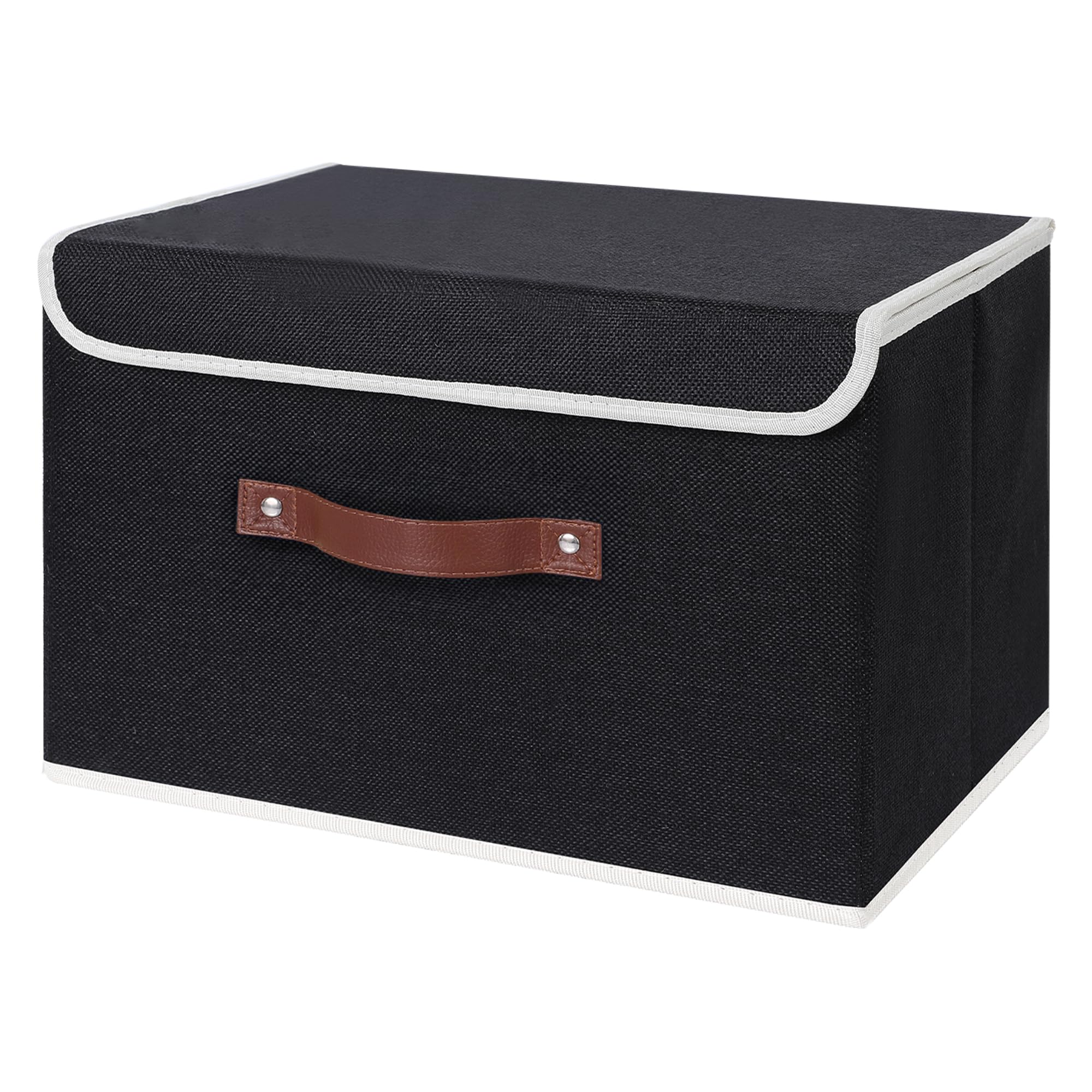 ANMINY Storage Bin with Lid Storage Boxes with PU Leather Handles PP Plastic Board Decorative Foldable Lidded Cotton Linen Fabric Home Cubes Baskets