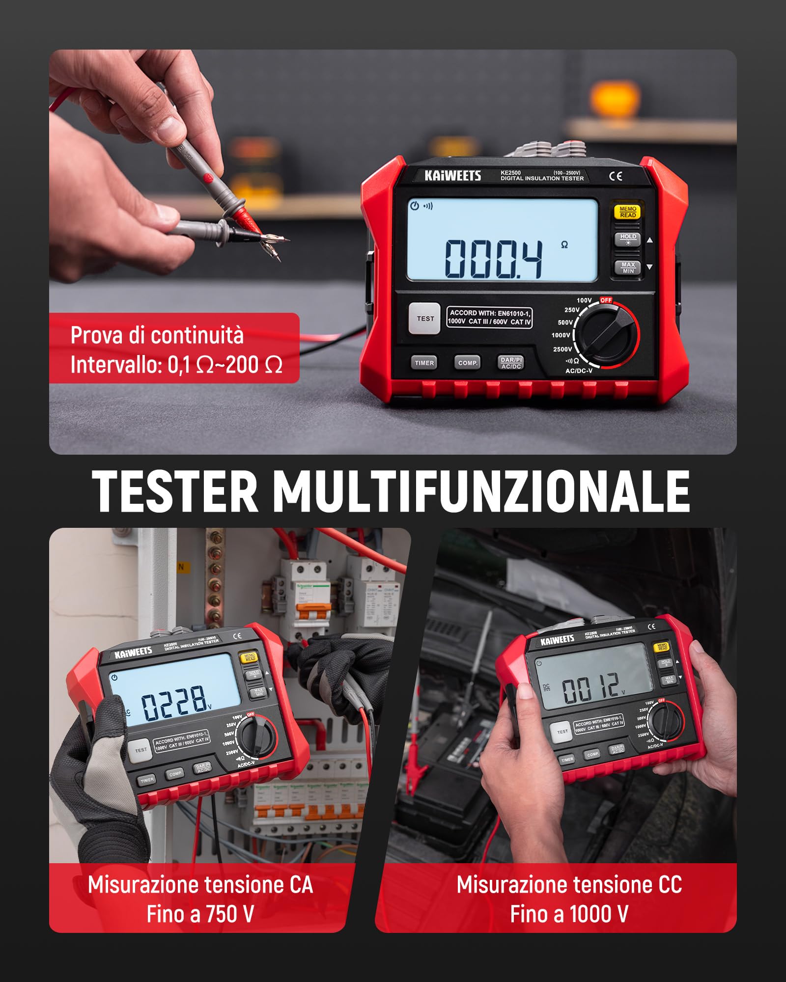 KAIWEETS Tester di Resistenza di Isolamento, Fino a 200 GΩ, Megohmmetro Professionale, 5 Gamme 100 V/250 V/500 V/1000 V/2500 V, DAR/PI One-Toch, Max/Min, Misura Resistenza, Tensione CA/CC