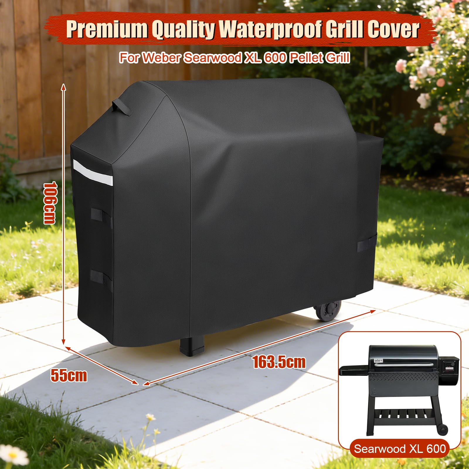 Denmay Copertura Per Barbecue Weber Searwood XL 600, Modello 3400146, Impermeabile E Resistente Ai Raggi UV, Nero