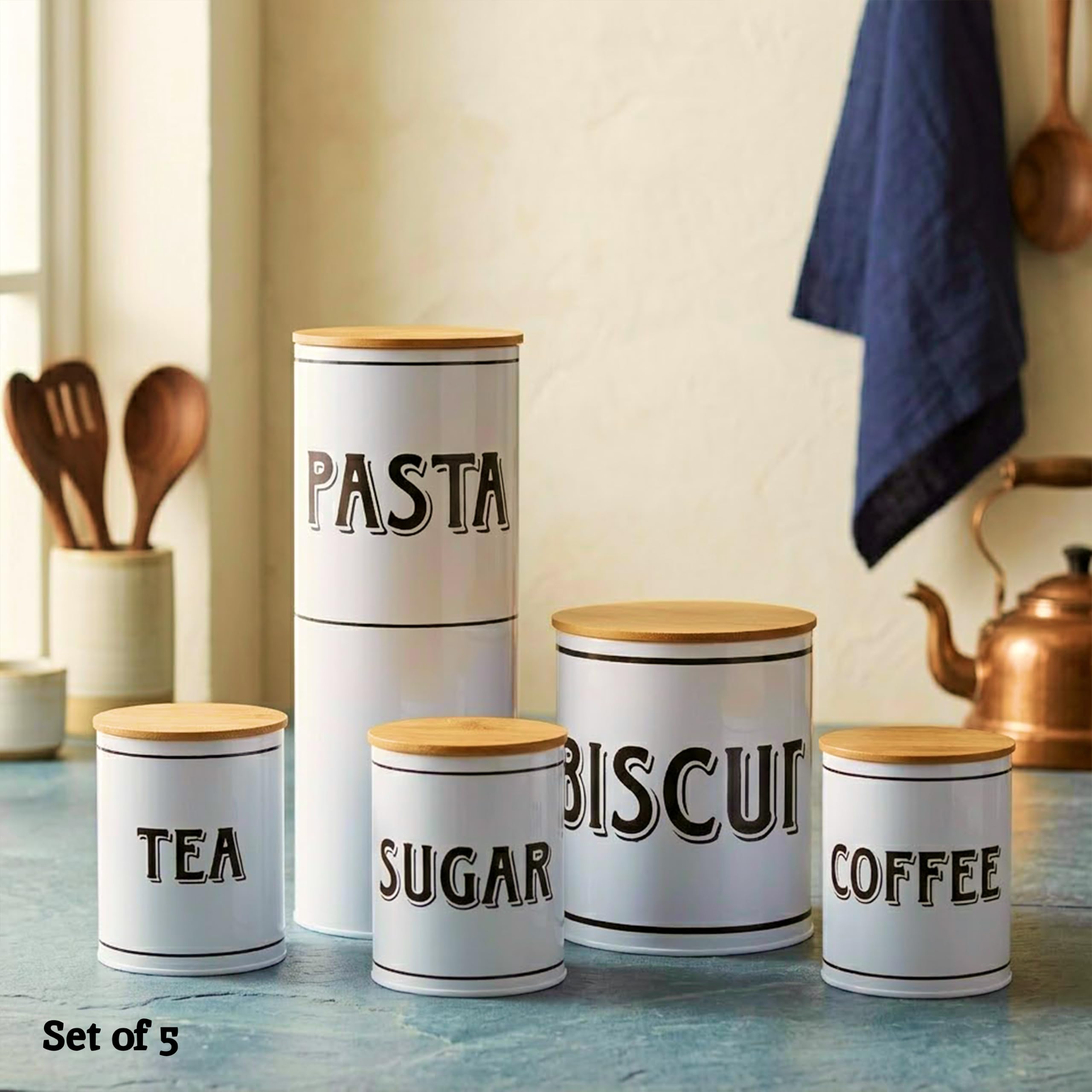 Premier Housewares - Juego de recipientes de metal blanco con tapas de madera y bambú (5 piezas)