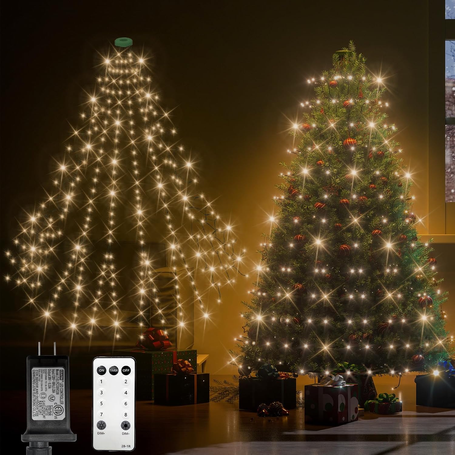 Christmas Tree Lights,644Leds 9.9Ft 14 Lines Forked Christmas Lights with 8 Modes and Timer,Dimmable Cascading Twinkle Christmas Tree Lights Outdoor Indoor for 8-10Ft Xmas Trees Decor(Warm White) Warm White 9.9 Feet