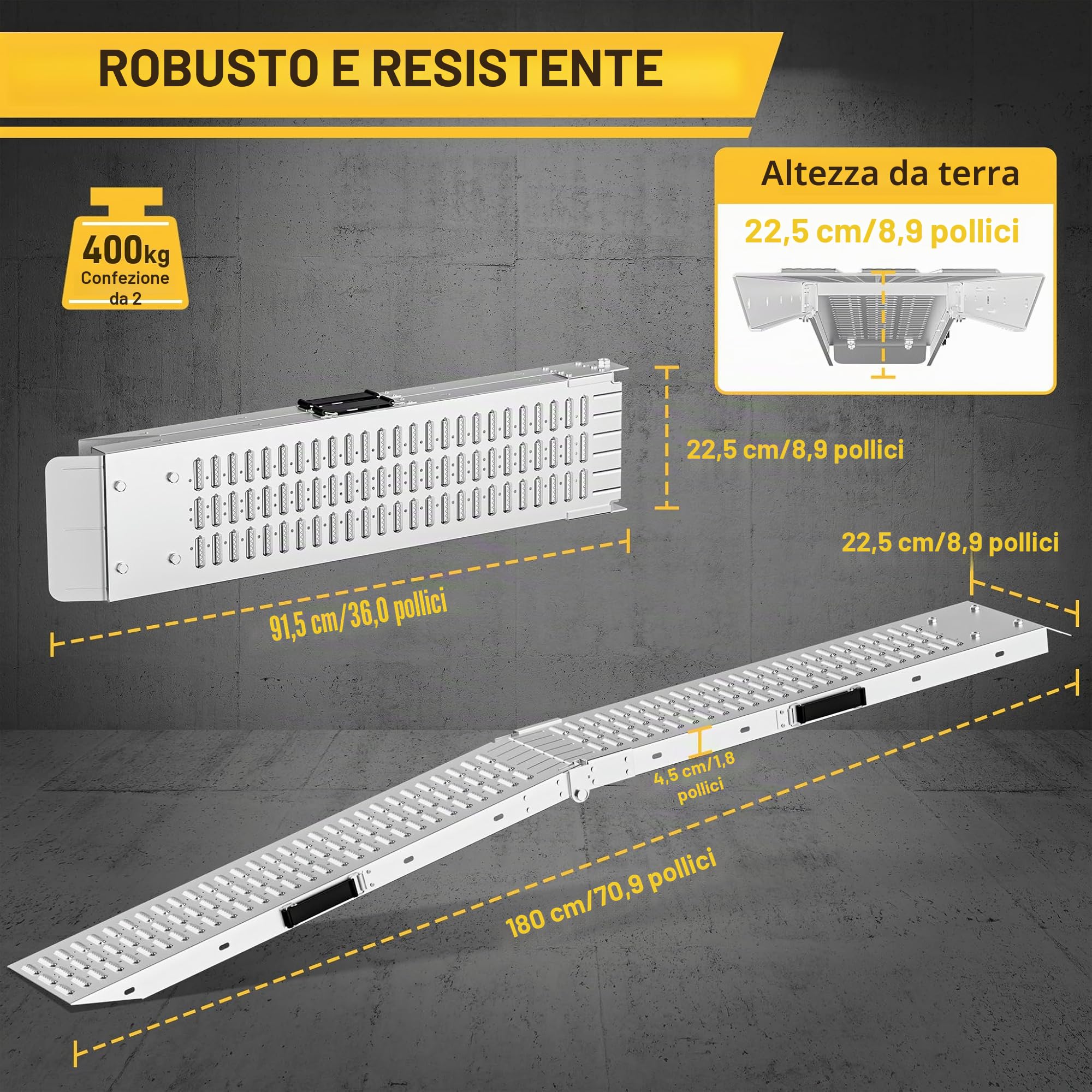 LZQ 2 rampe di carico pieghevoli, massimo 400 kg a coppia, rampa di accesso, ciascun pezzo da 180 x 22,5 x 4,5 cm, per moto, ATV, quad, auto