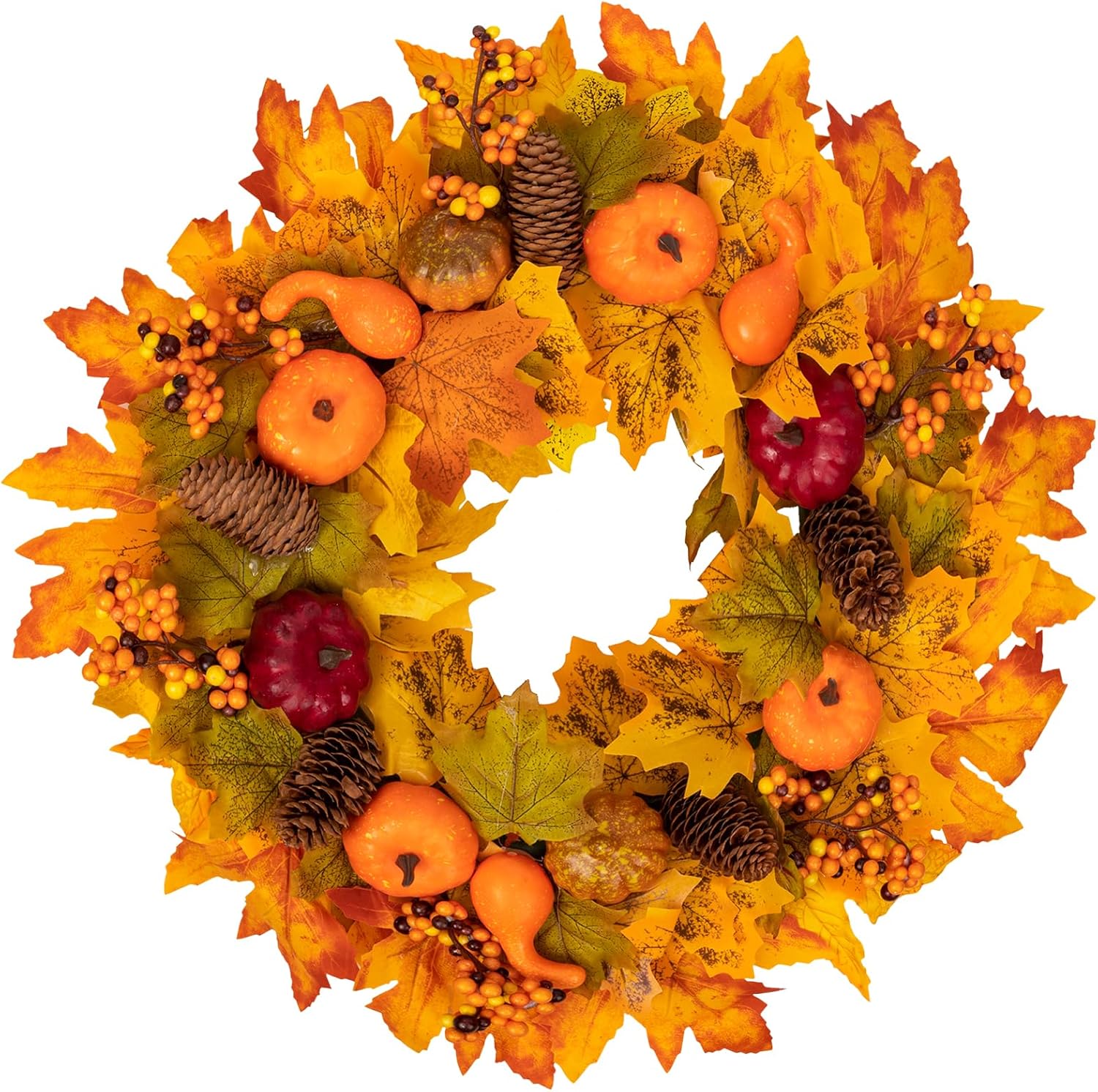22inch Fall Wreaths for Front Door, Autumn Maple Leaves Wreath with Berry Pinecone Pumpkin Harvest Wreath with Hooks and Gloves for Outdoor Porch Home Kitchen Mantel Room Halloween Thanksgiving Decor Orange?fall Leave?