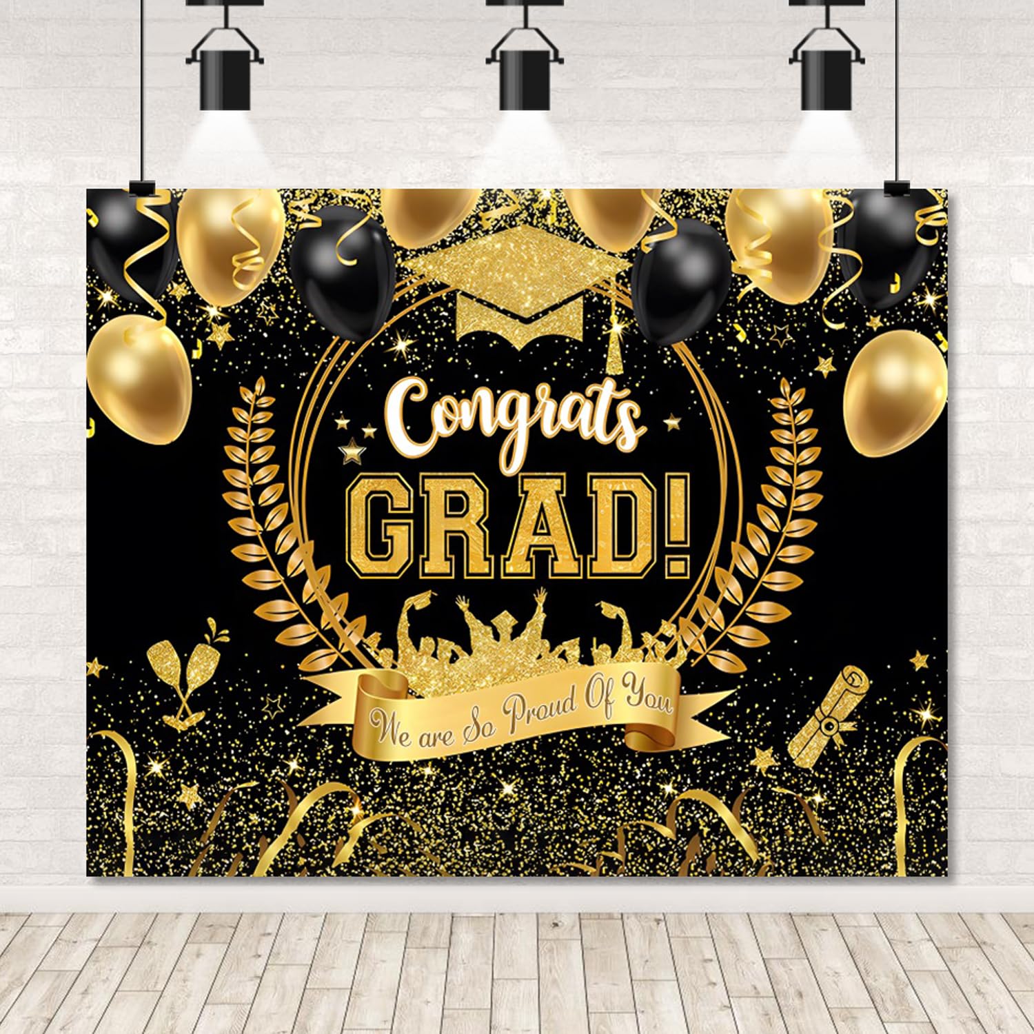 Graduation Backdrop Class of 2026 10x8ft Black Gold Congrats Grad Congratulations Photography Background Bachelor Cap Balloon Graduation Party