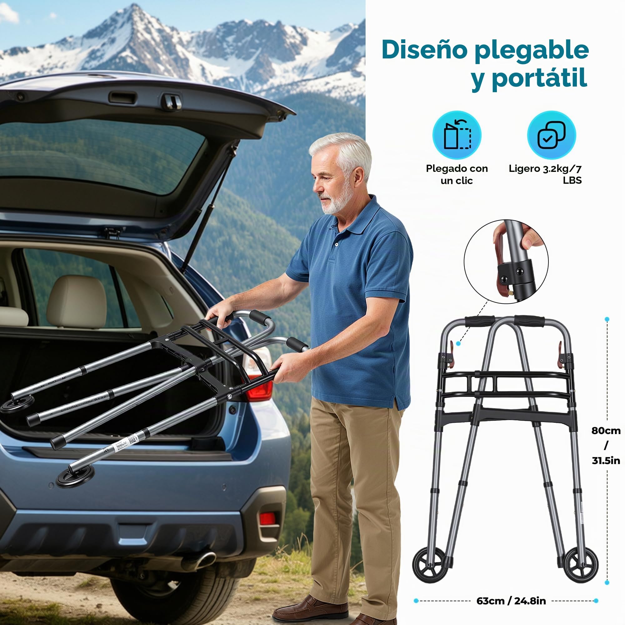 Careboda Marco plegable con diseño de barra doble, plegable y portátil con ruedas fijas de 12,7 cm, altura ajustable y función de disparador, para personas mayores y adultos
