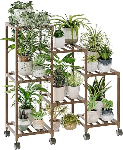 Bamworld - Soportes para plantas de interior, estante escalonado de madera al aire libre para múltiples plantas, 3 neumáticos, 7 escaleras, soporte
