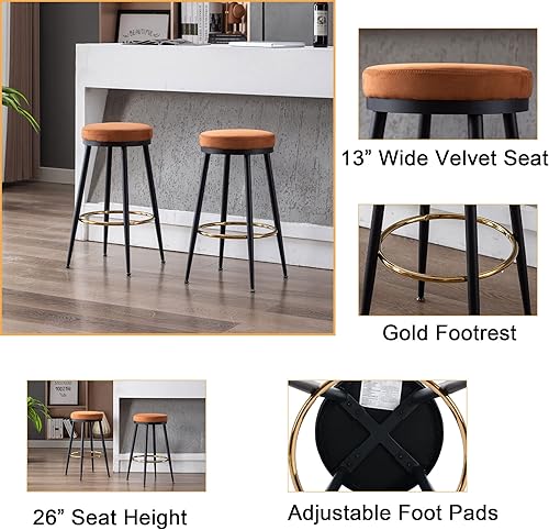 Miniatura 7 de Taburetes de bar de 26 pulgadas de altura de mostrador, juego de 4 taburetes de mostrador de gamuza, sin espalda, modernos con patas Burnt