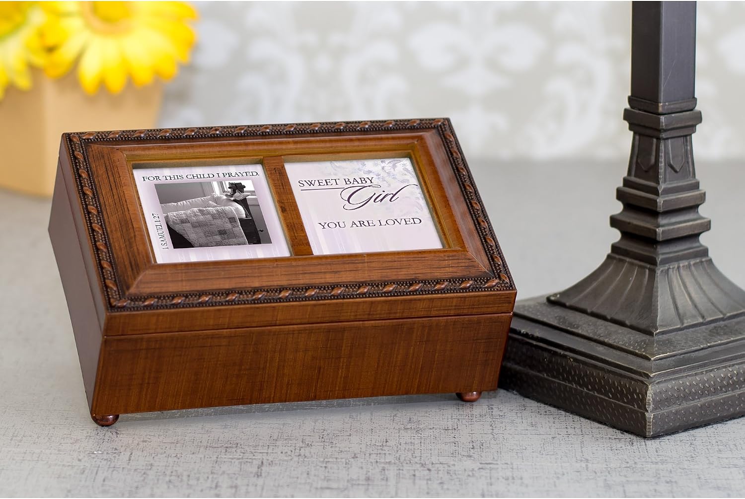 Cottage Garden Baby Girl Loved for This Child Woodgrain Rope Trim Jewelry Music Box Plays Jesus Loves Me