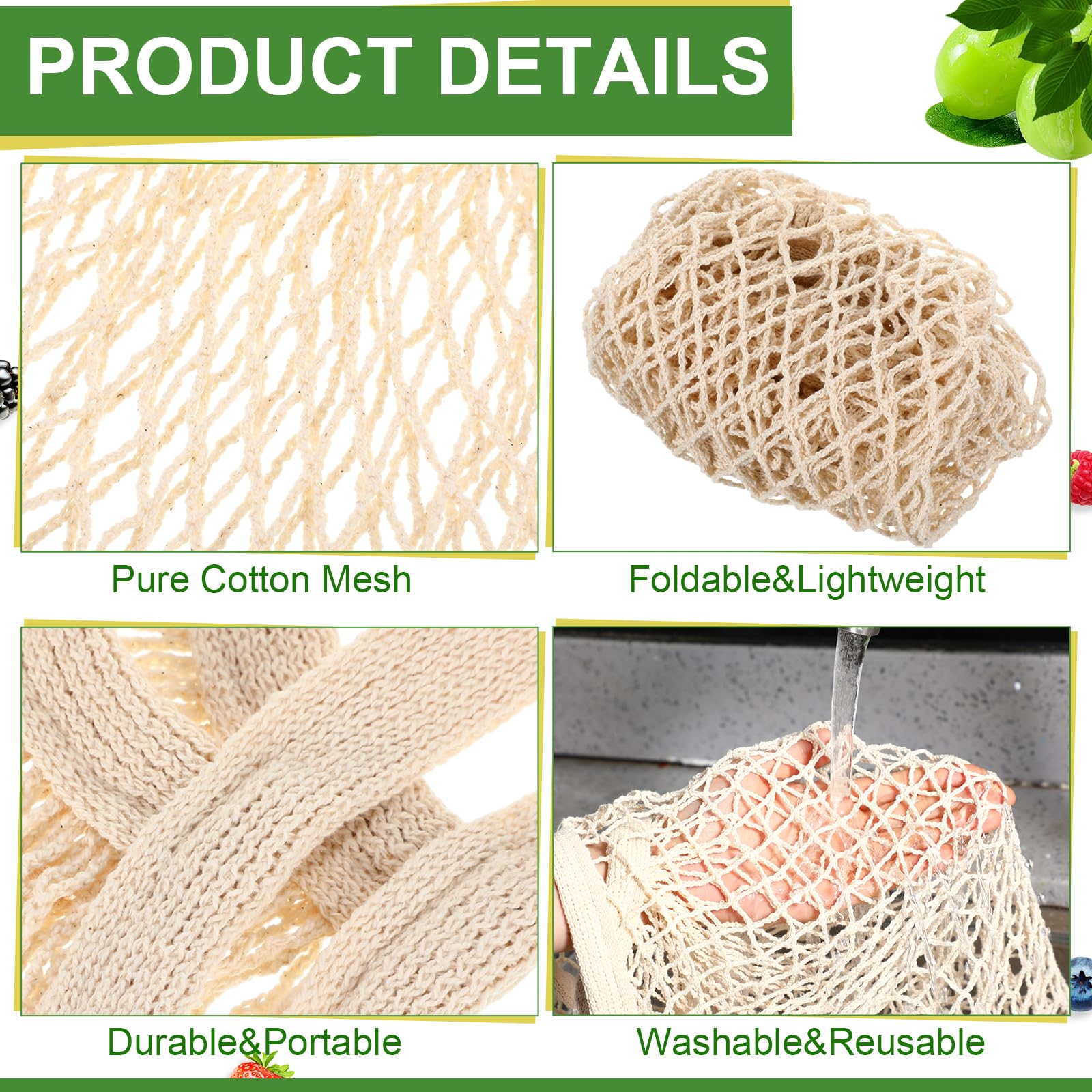 Paterr Paquete de 50 bolsas reutilizables de malla de algodón para comestibles, lavables a granel, bolsas de red para productos, bolsas de compras portátiles con asa para almacenamiento de frutas