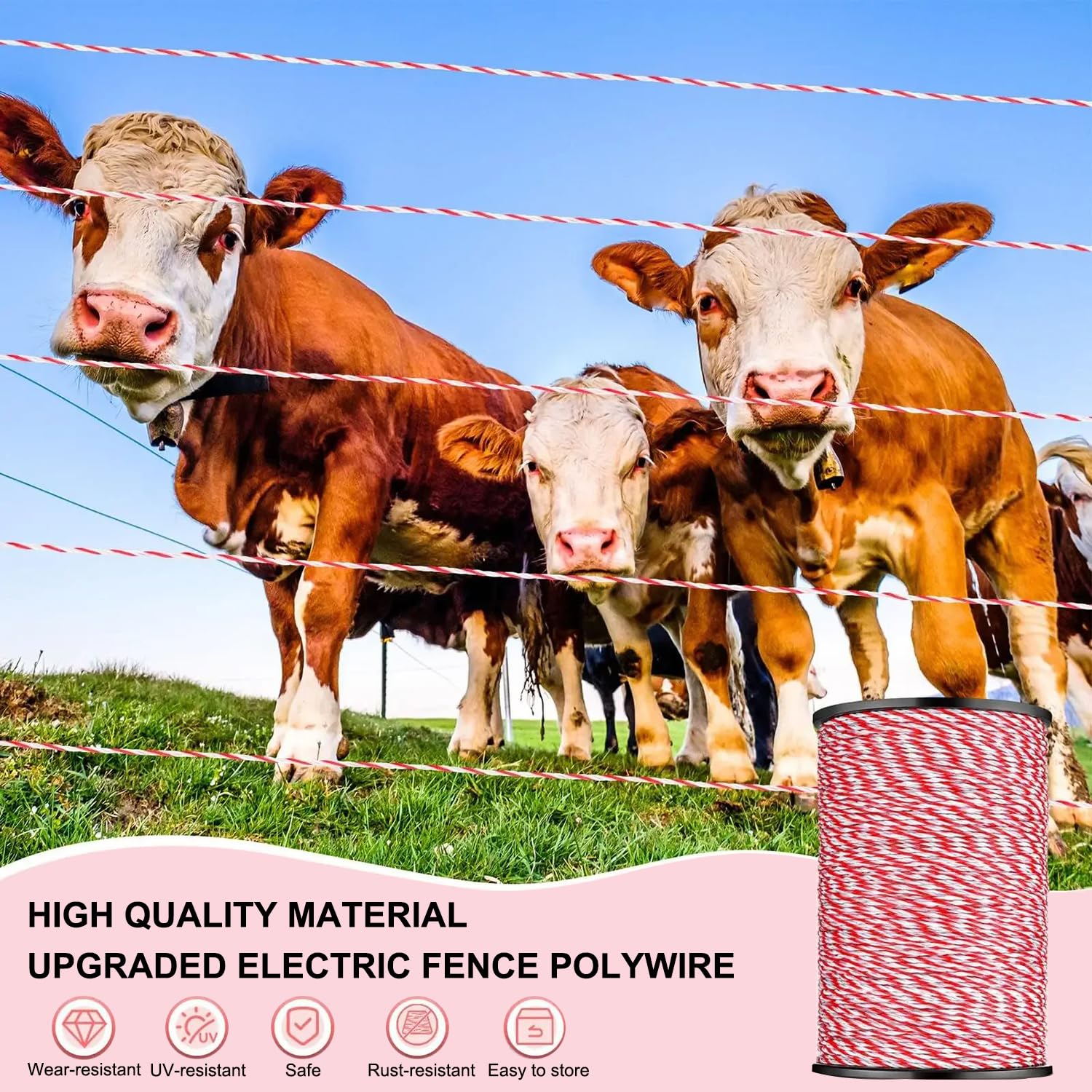 1000m Filo per Recinto Elettrico, Filo Elettrico per Recinti Animali, 6 Fili In Acciaio Inox Rinforzato con Mandrino, Elettrificati Recinzioni per Animali Cinghiali, Mucche, Pecore, Cavalli
