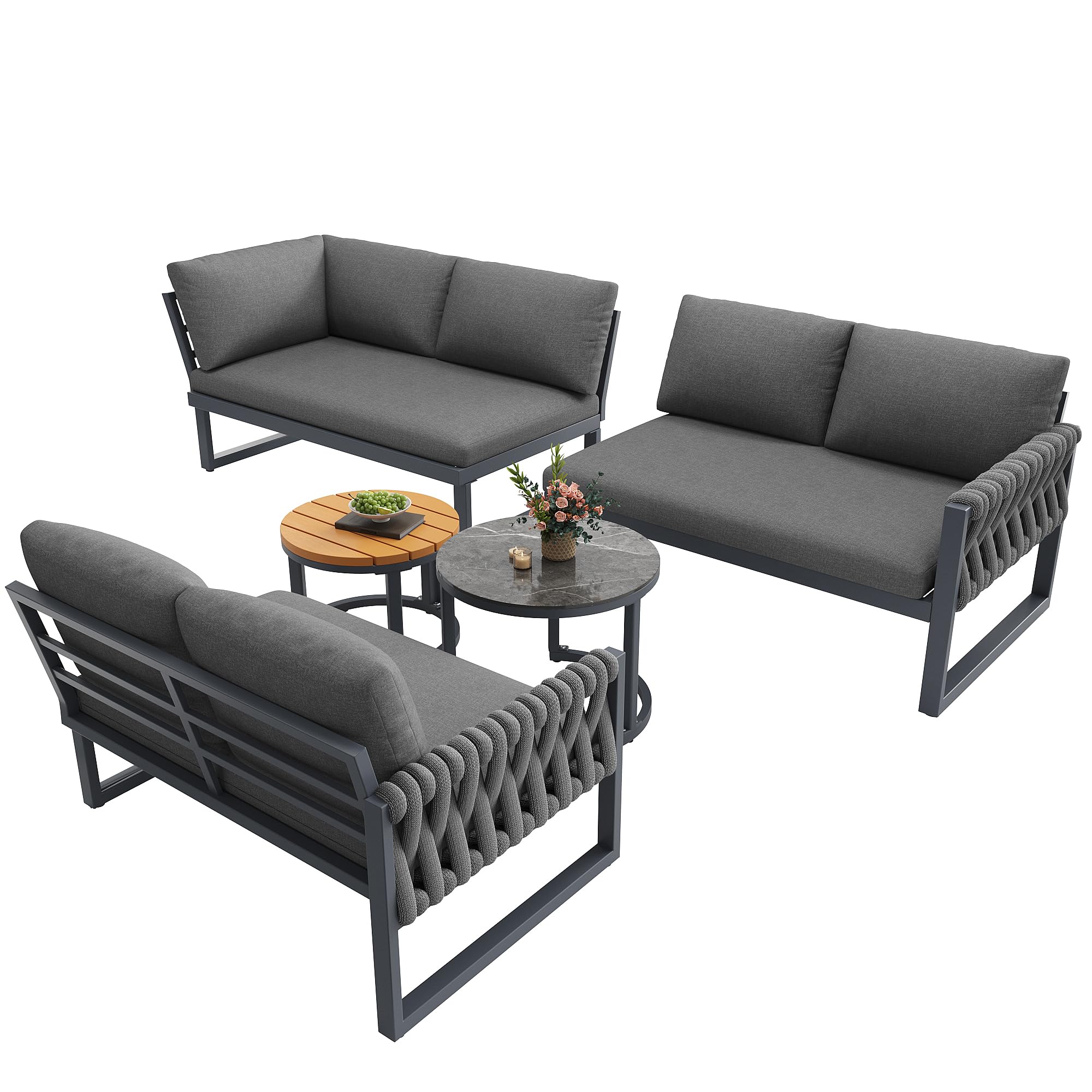 Juego de muebles de jardín con patas ajustables, cojines impermeables y desmontables, juego de salón de jardín para 5-6 personas, modular para balcón, jardín y terraza, incluye todos los cojines de