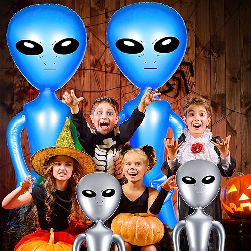 Miniatura 6 de Zhanmai 4 piezas de decoraciones inflables de fiesta de alienígenas de 63 pulgadas y 35 pulgadas para regalos de fiesta de Halloween (plata, azul)