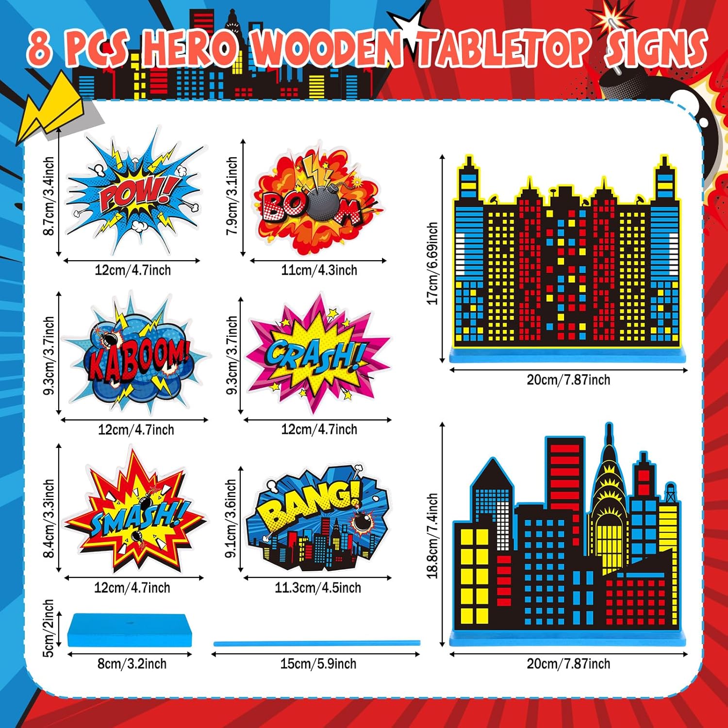 Geelin 8 Pcs Hero Theme Party Decorations Hero Wooden Tabletop Signs Freestanding Wooden Table Signs Table Topper Decors for Birthday Party Baby Shower Decor Supplies