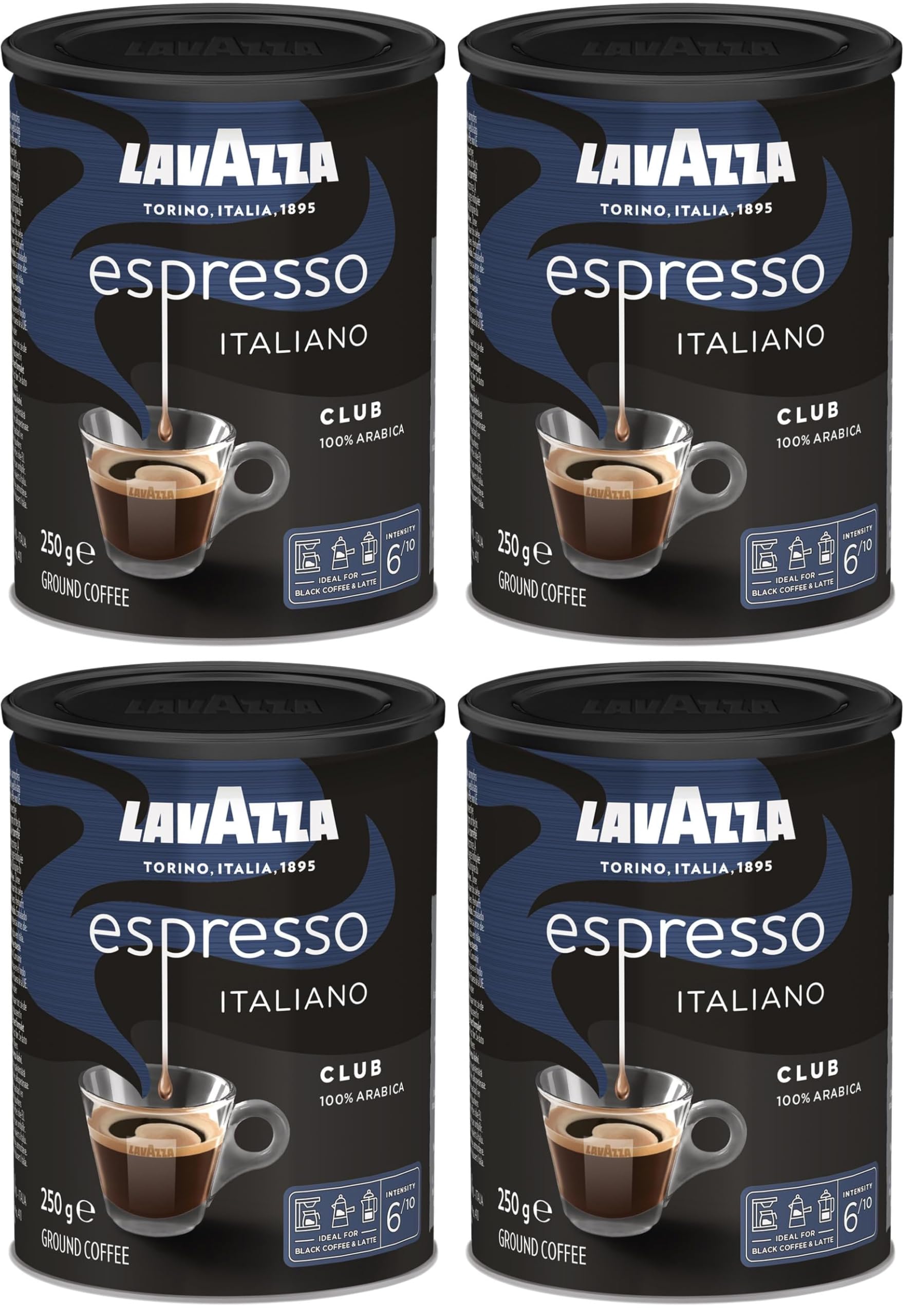 Lavazza, Espresso Club, Café Molido Natural, Ideal para Cafetera Italiana, de Filtro y Francesa, con Notas Aromáticas de Frutos Secos, 100% Arábica, Tueste Medio, 1 Lata de 250 g (Paquete de 4)