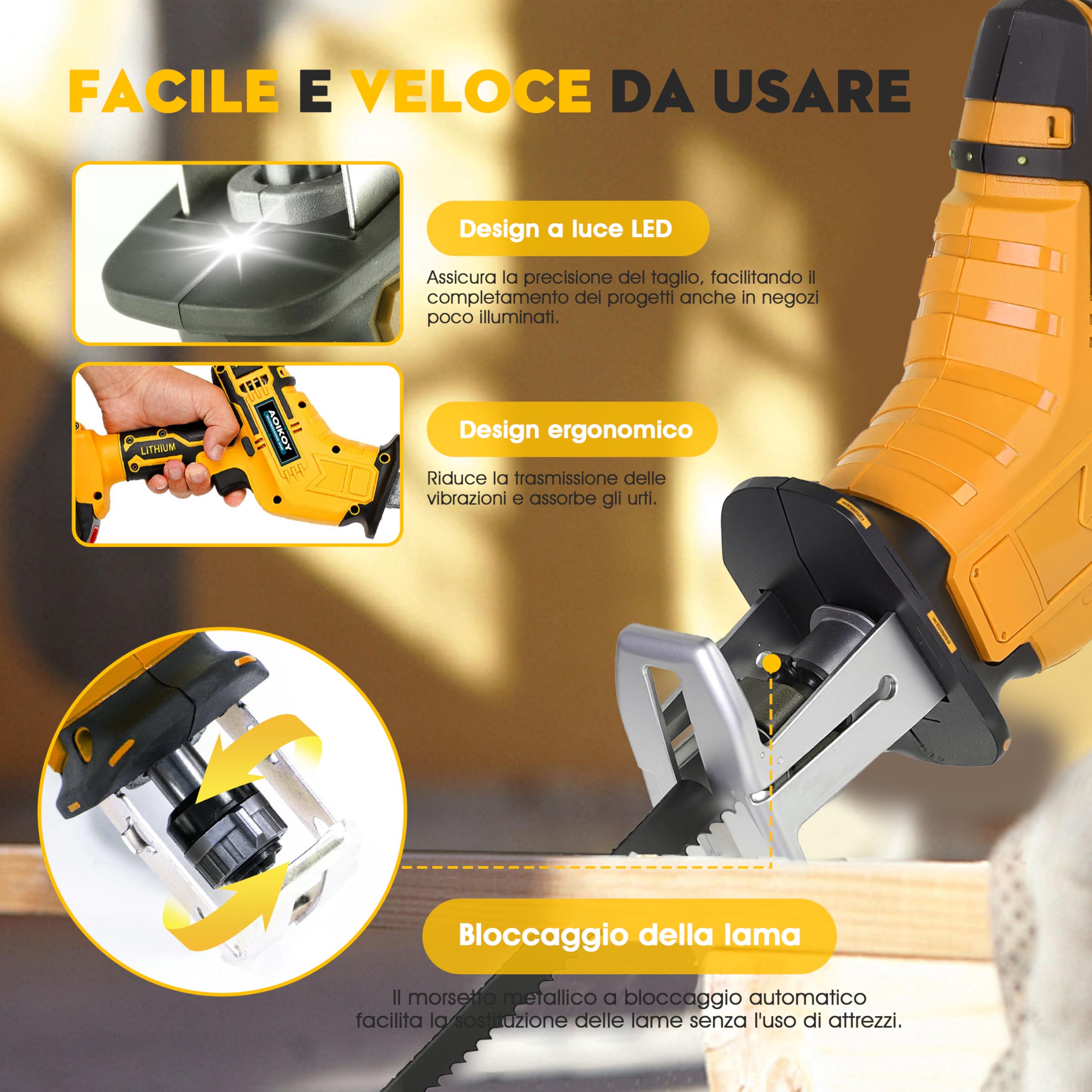 Sega a Gattuccio Compatibile con Dewalt 21V, Seghetto Elettrico Senza Filo con 4 Lame, Velocità Regolabile 0-2500 RPM per Taglio di Legno/Metallo/PVC (Senza Batteria)