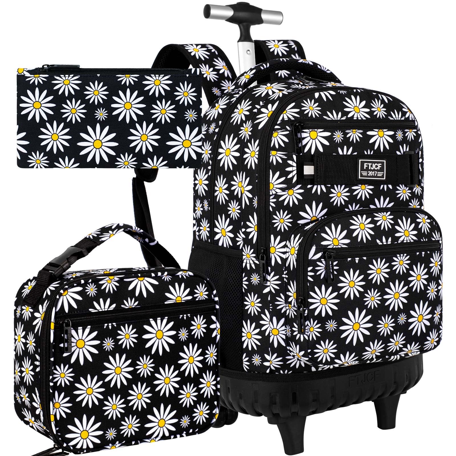AGSDON Rolling Backpack for Girls Women Roller Wheels Bookbag Laptop Daisy Wheeled School Bag with Wheels for Teens