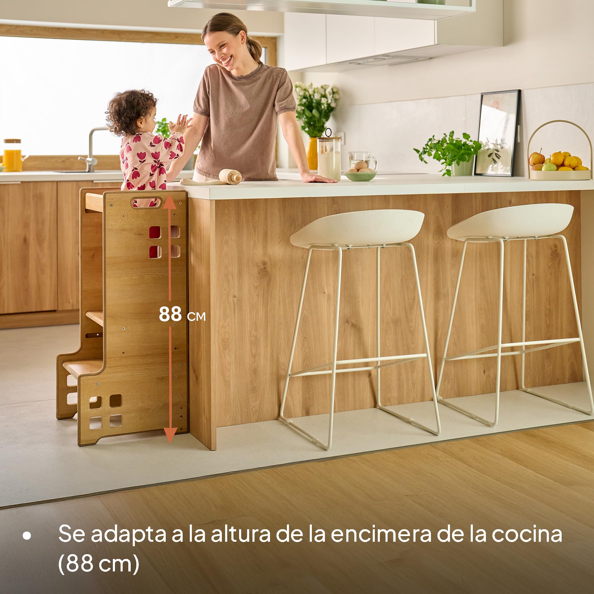 LIONELO CASS Ayudante de Cocina 2 en 1 Torre de Aprendizaje Montessori Desde 1 Año Barra de Seguridad Ajustable en Altura Robusto Taburete de Cocina Estantería Librería Hasta 30 kg