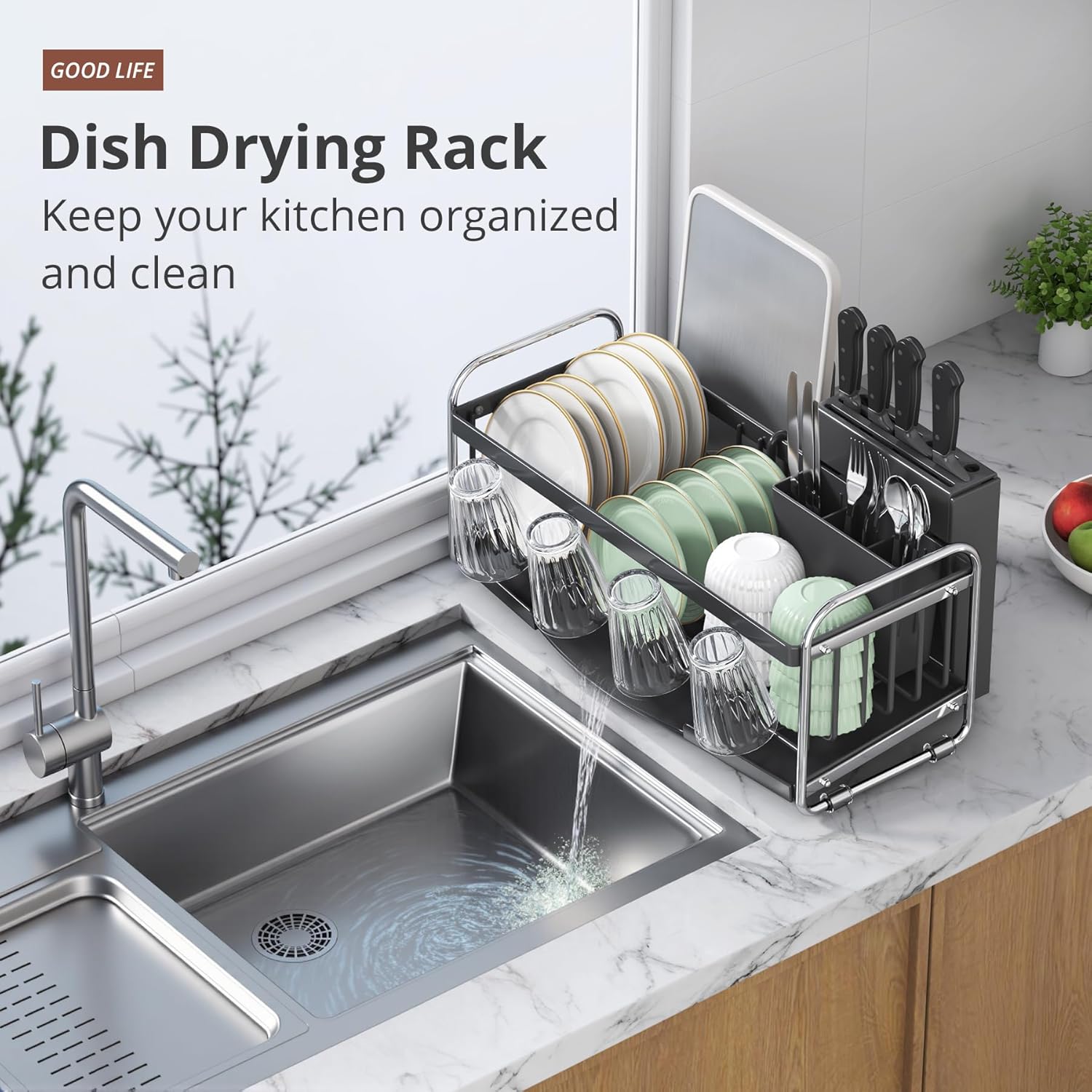 Compact Small Dish Drying Rack for Kitchen Counter - Narrow Metal Dish Drainer with Utensil Holder, Space-Saving Plate Organizer for Sink Storage, Apartment & RV, Gray