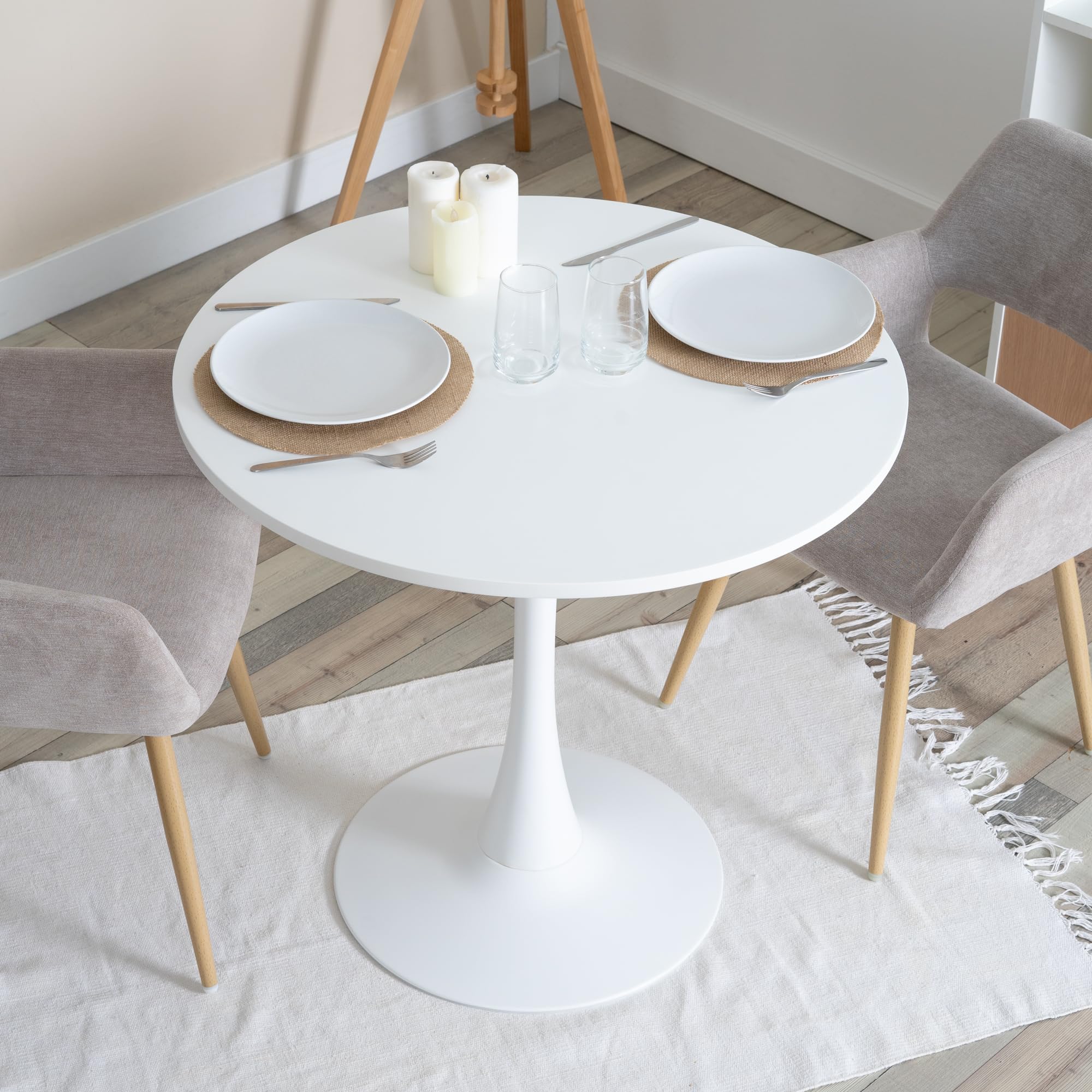 MEUBLE COSY Tavolo da Pranzo Rotondo da Cucina, Stile Scandinavo, per 2-4 Persone, Struttura in Metallo, Bianco, 80x80x73cm