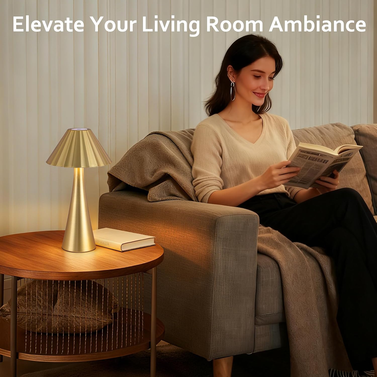 Cordless Rechargeable Table Lamps, Metal LED Desk Lamp with Top Touch Control & Stepless Dimming, Portable Battery-Operated Bedside Lamp for Bedroom, Living Room, Office, Café, Outdoor(Gold)