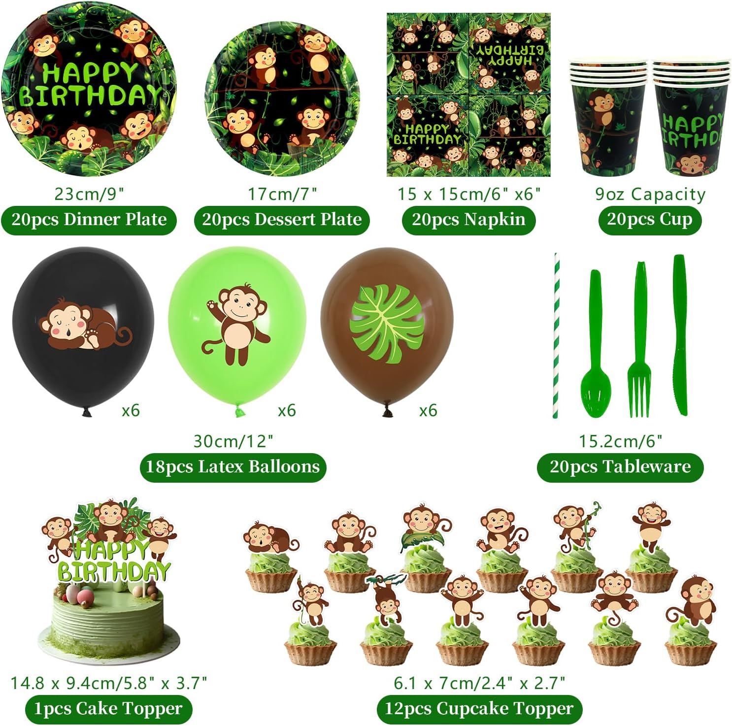 Monkey Birthday Decorations, Monkey Party Decoration, Plates Cups Napkins Tablecloth Happy Birthday Backdrop Balloon Cake Toppers for Wild Jungle Animal Theme Supplies, Serves 20 - Image 2