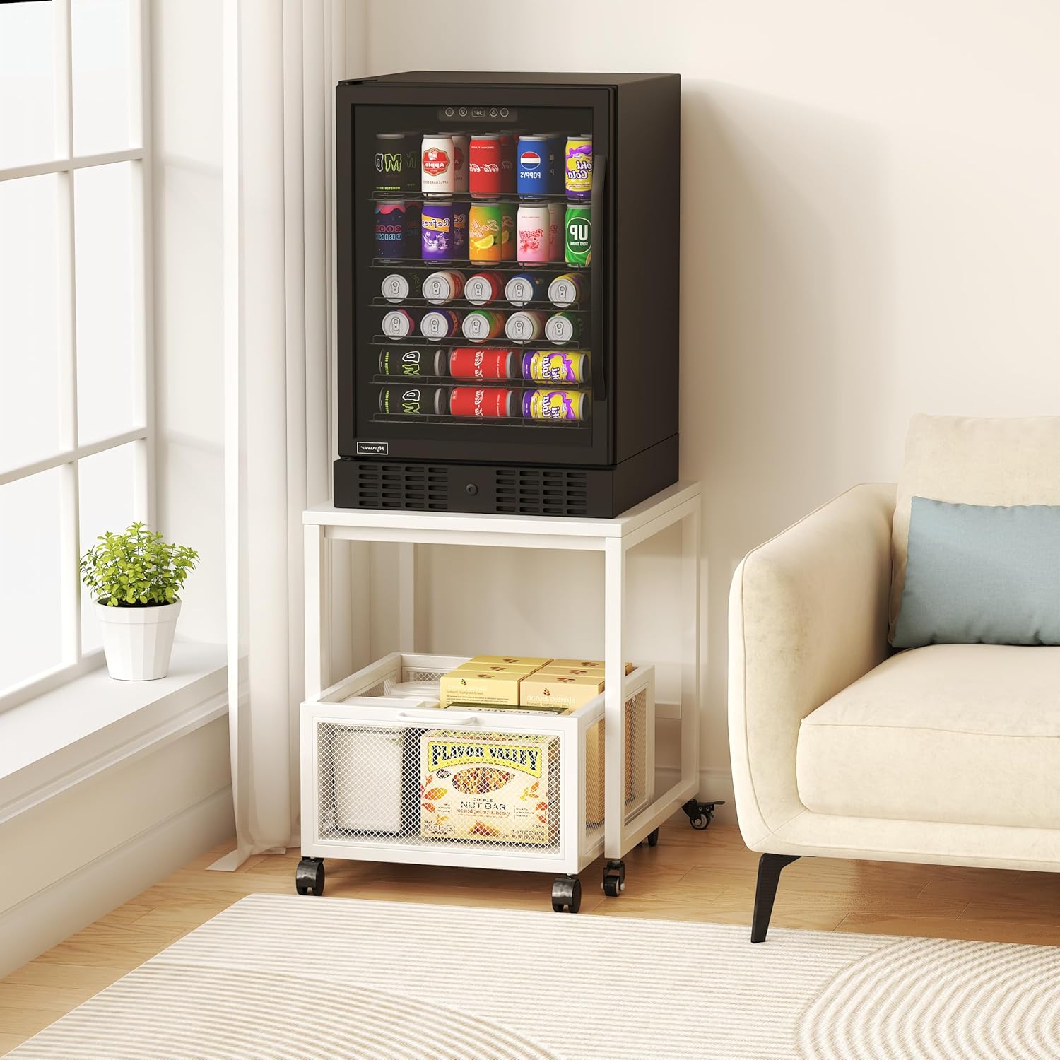 VERMESS end table holding a mini fridge in a living room setting