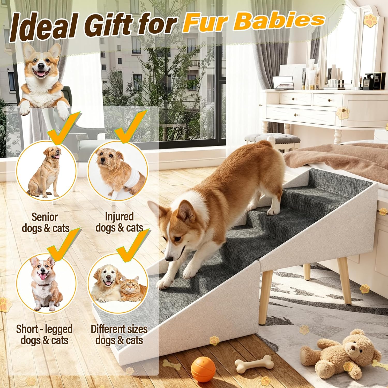2-in-1 Foldable Ottoman Dog Ramp for Bed and Couch, 23.6" H Split Ottoman Dog Stairs with Solid Wood Legs & Non-Slip Carpet, Joint Relief Pet Steps for Small Medium Large Dogs Cats (Beige)