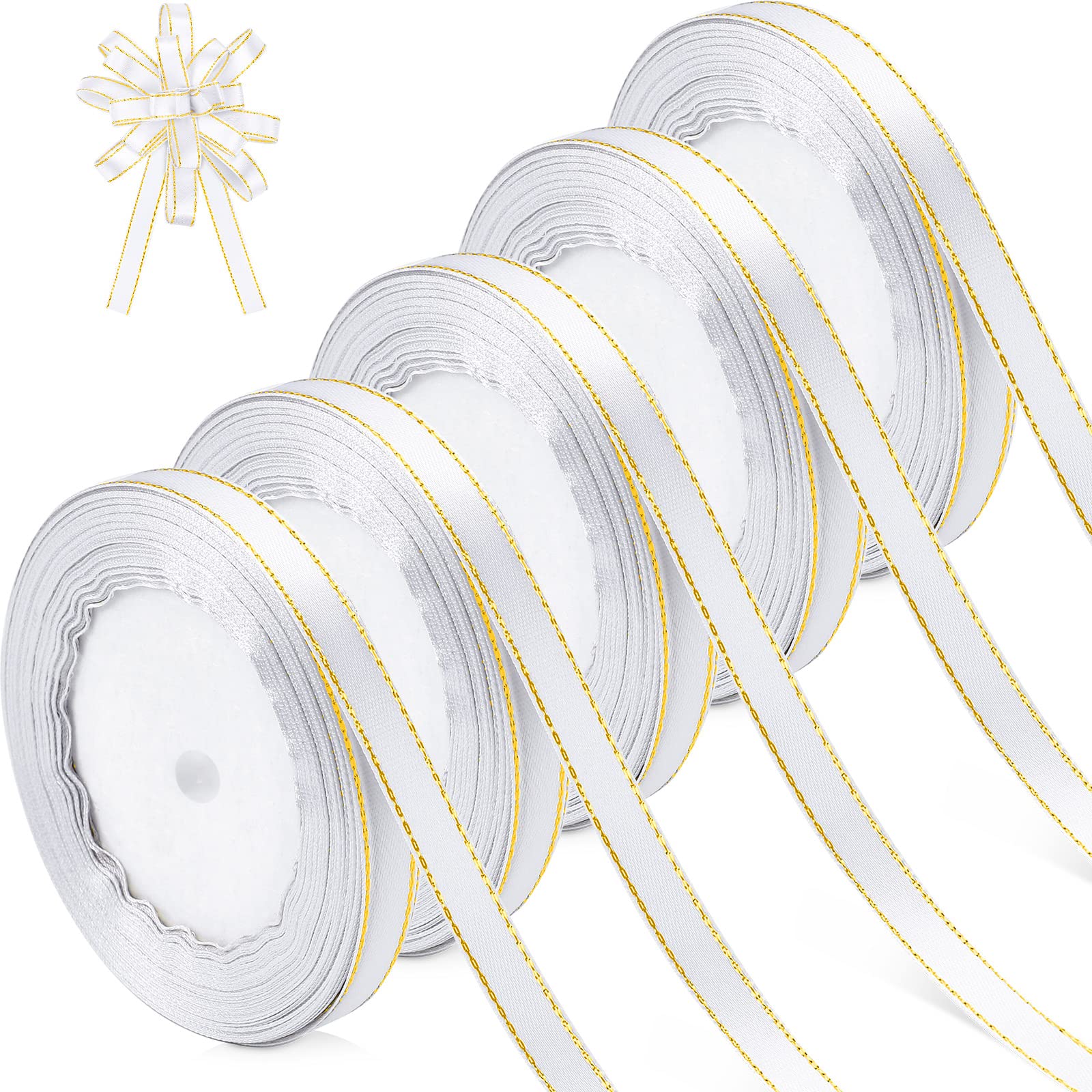 5 rollos de cinta de satén blanco con borde dorado de 120 yardas de cinta de satén de doble cara con bordes dorados para decoración de fiestas, hogar, regalos, manualidades
