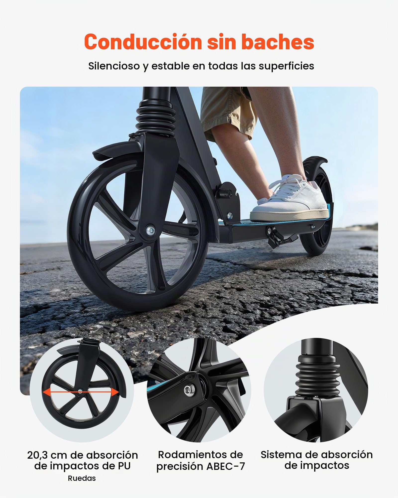 VEVOR Patinete 2 Ruedas, a Niños a Partir de 8 Años, Patinete Urbano Plegable con Manillar Regulable en Altura 860/930/1000 mm y Base Antideslizante, hasta 100 kg, Armazón de Acero, Negro y Azul