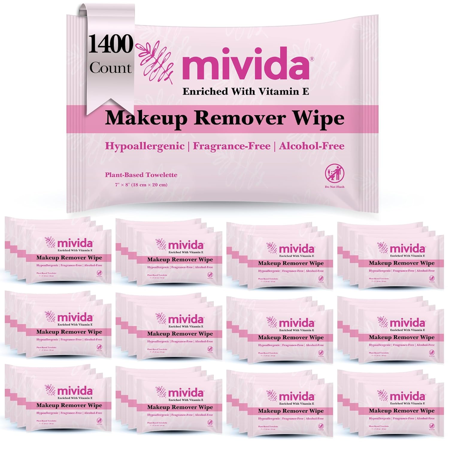 mivida 1400 Count Hypoallergenic Bulk Makeup Wipes Individually Wrapped with Vitamin E, Dermatologist Tested Plant-Based, Alcohol Free, Fragrance Free face Wipes Bulk Hotel, Airbnb, Vacation Rental
