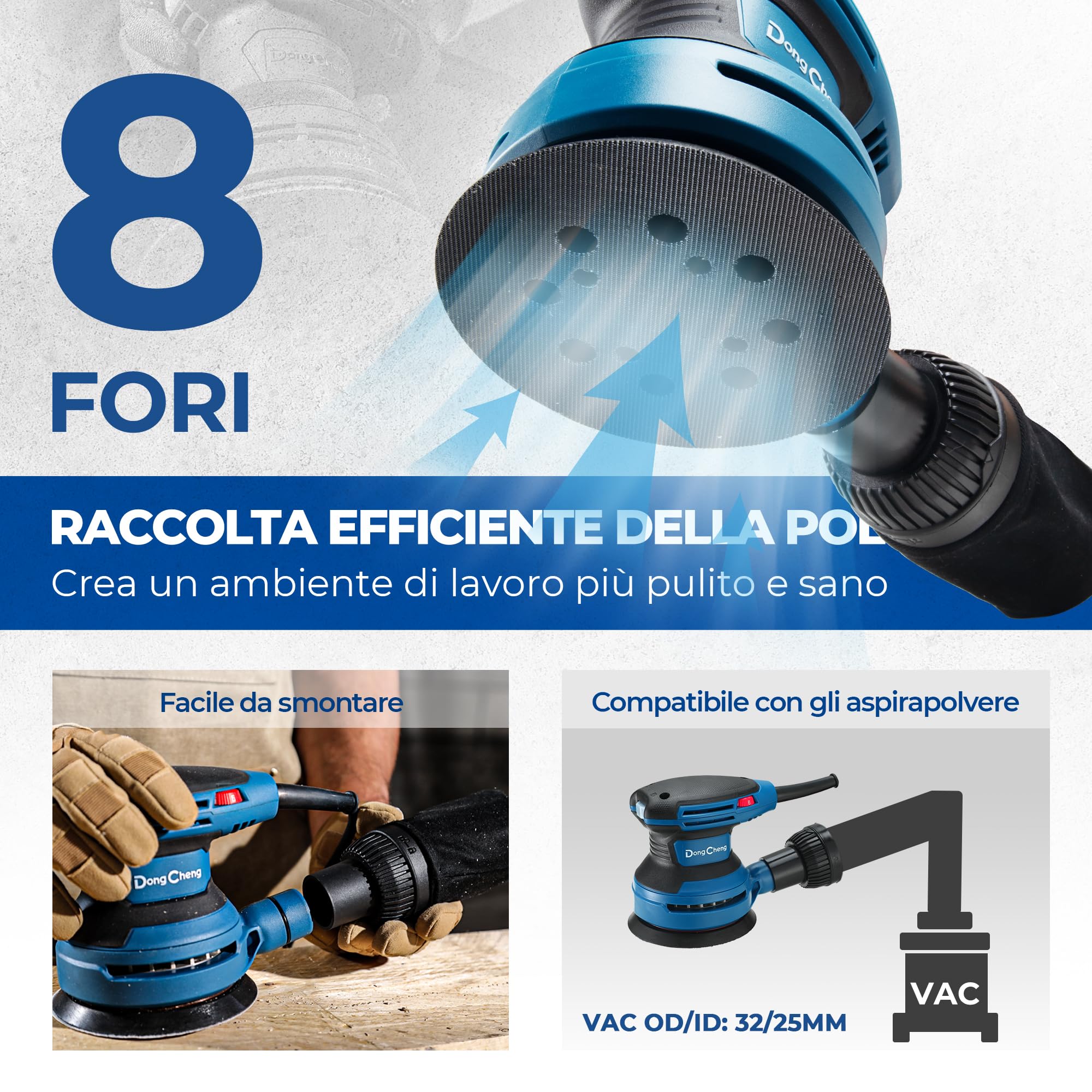 Dong Cheng Levigatrice eccentrica 380 W, 125 mm, 6 vel., orbitale 8000-12800 giri/min, con depolveratore, 20 dischi abrasivi, ideale per legno