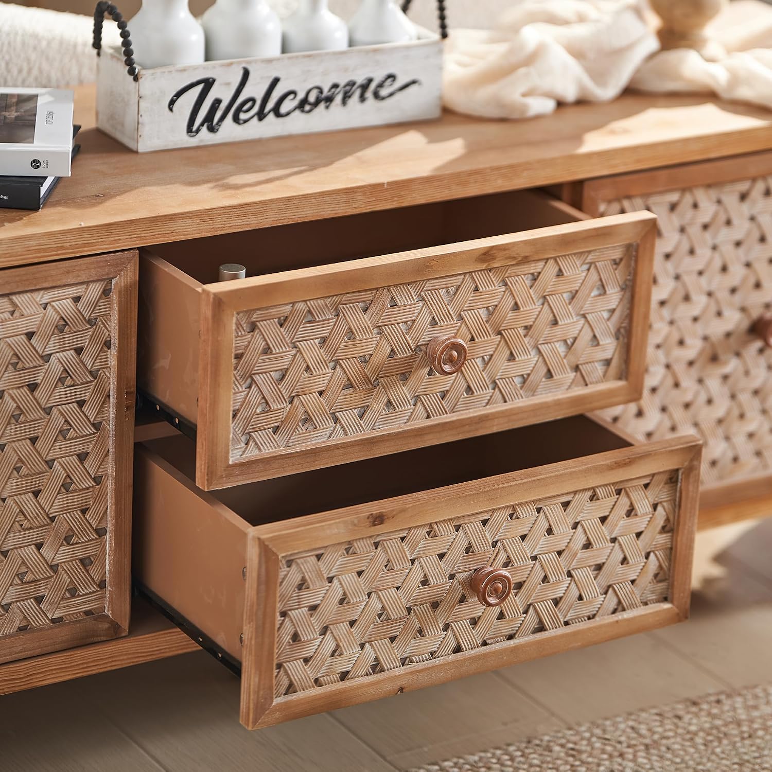 JIJIWANG 59.84" Wood Rattan TV Stand up to 60'', Mid Century Distressed TV Stand Console Table with Drawer and Door,Boho Entertainment Center for Living Room,Brown