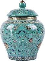 Handcrafted Enamel Ginger Jar - Vibrant Chinoiserie Vase, Blue White Porcelain Ceramic Jar with Lid for Decor & Storage (General Green)