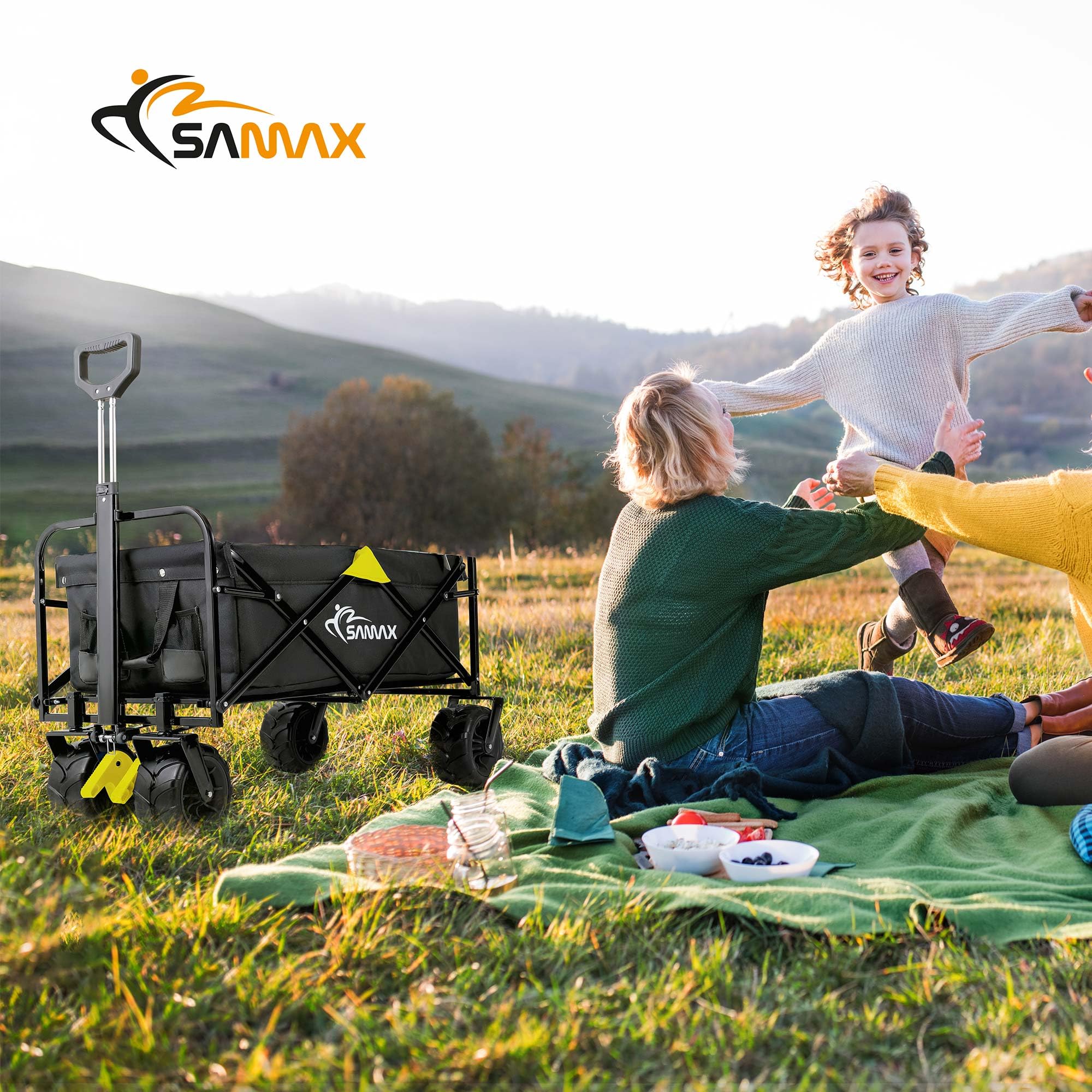 SAMAX Bollerwagen Handwagen Gartenwagen Strandwagen bis 200 kg - Klappbar Faltbarer Bollerwagen Transportwagen - Camping Edition Schwarz/Gelb